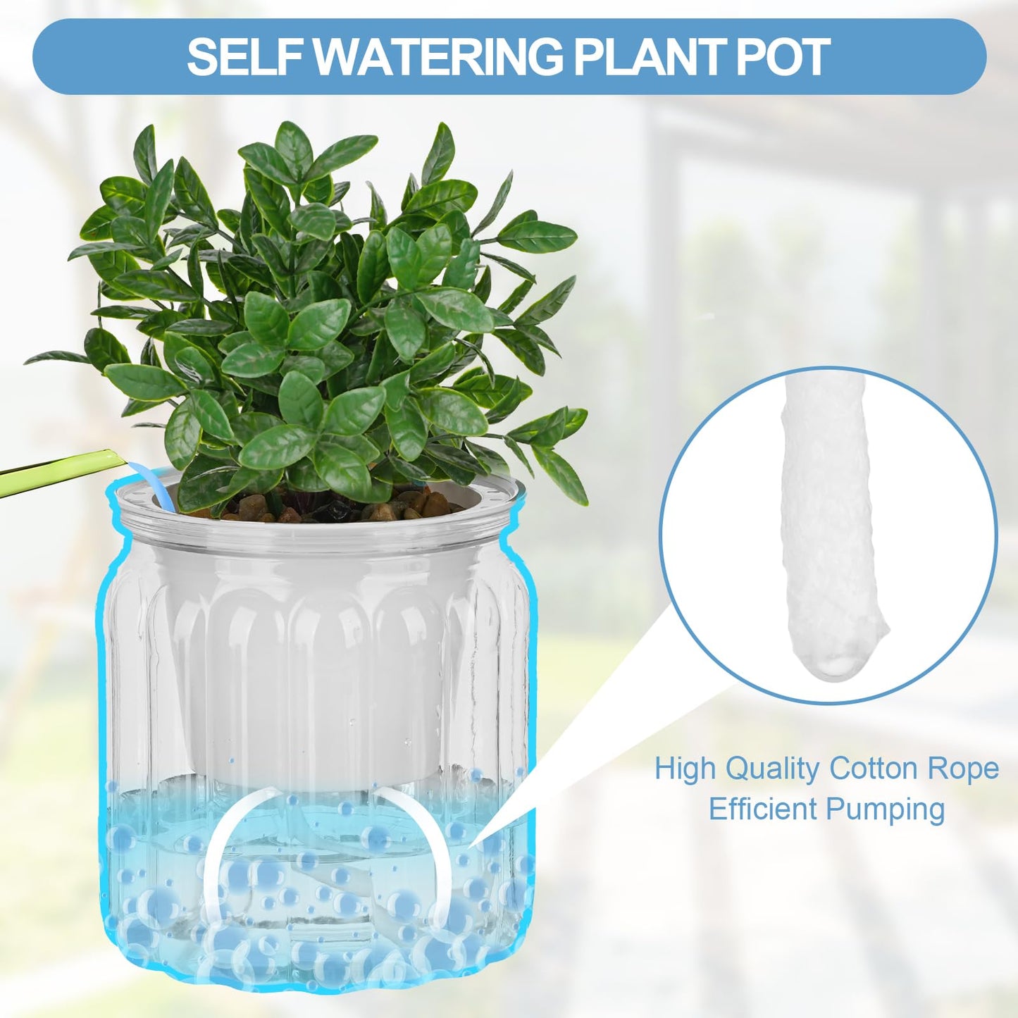 Samhe 6 Pack Self Watering Pots Set, 3.9 Inch Self Watering Pots for Indoor Plants, Planter Pot with Wick Rope for Succulents, Violets, Ferns - Clear Gray & White