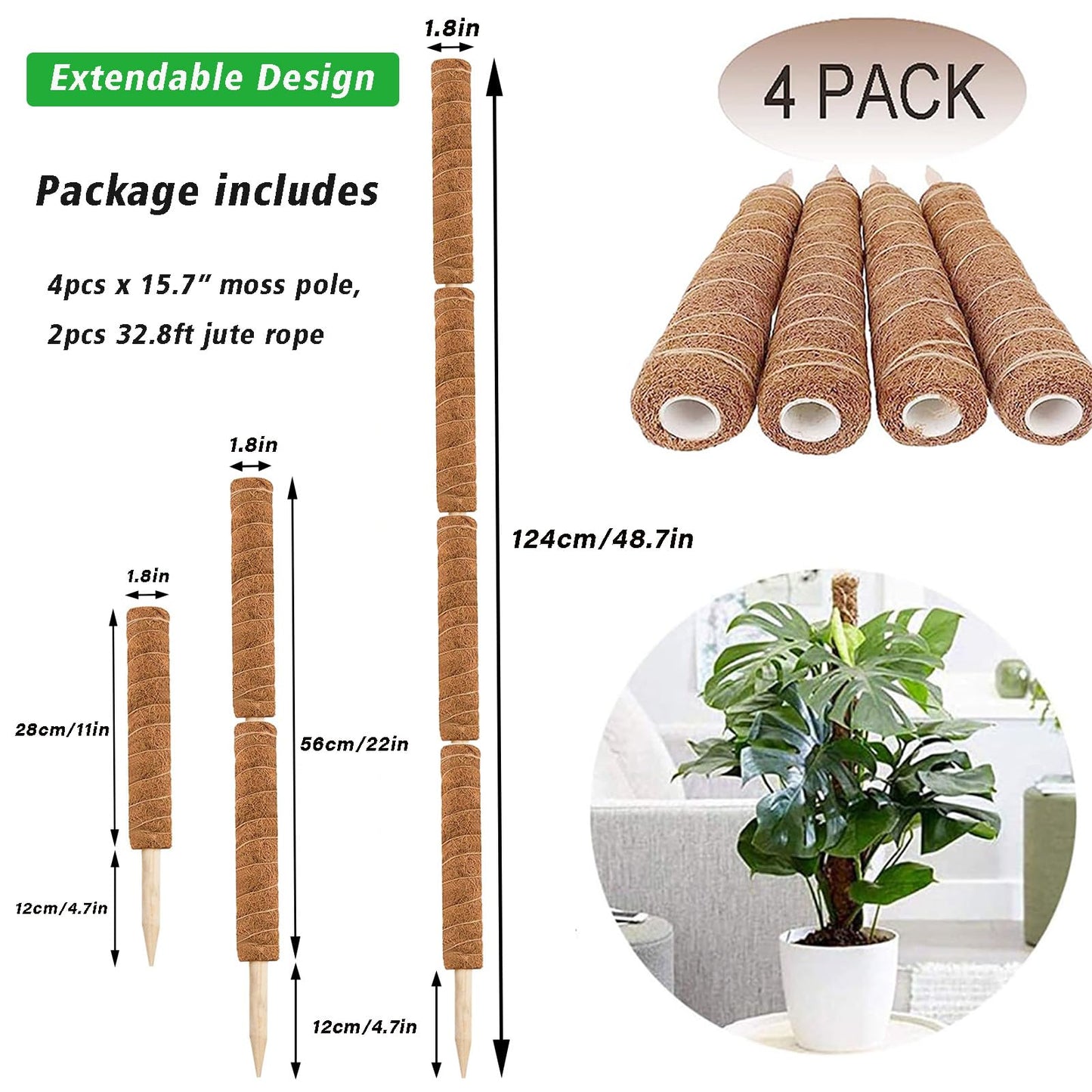 YEAJON 4 Pcs 15.7 Inch Coir Moss Totem Pole Monstera Plant Support with 2 Pcs 32.8ft Jute Rope, Plant Stakes for Indoor Plants Climbing, Support Extension(4 Packs 15.7 Inch)