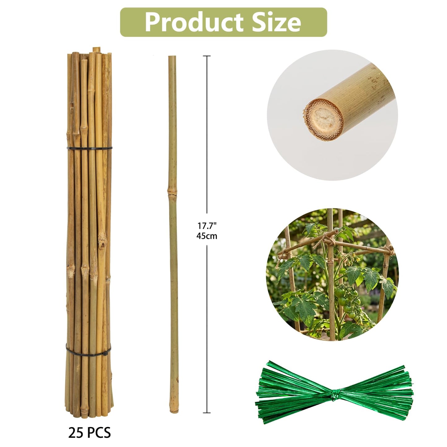 Plant Stakes Natural Bamboo Sticks - 25 Pcs Bamboo Garden Stakes for Plants 18 Inches Plant Support Sticks with Twist Ties for Tomatoes Beans Orchid Flowers Indoor Outdoor Potted Climbing Plants