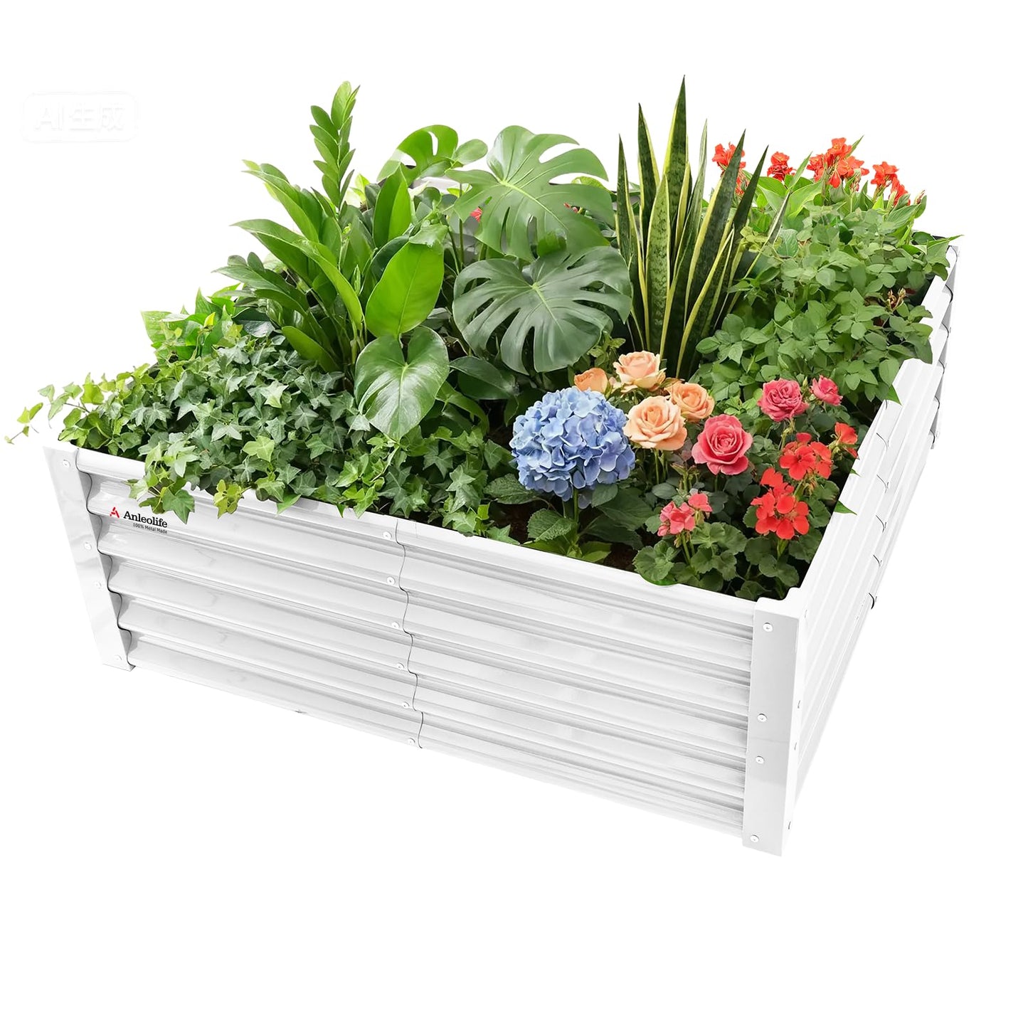 A ANLEOLIFE 4X4X1.5 ft Galvanized Raised Garden Beds Outdoor, Square Metal Planter Box for Planting Vegetables Flowers Herb, Anti-Rust & Easy-Setup, Antique White