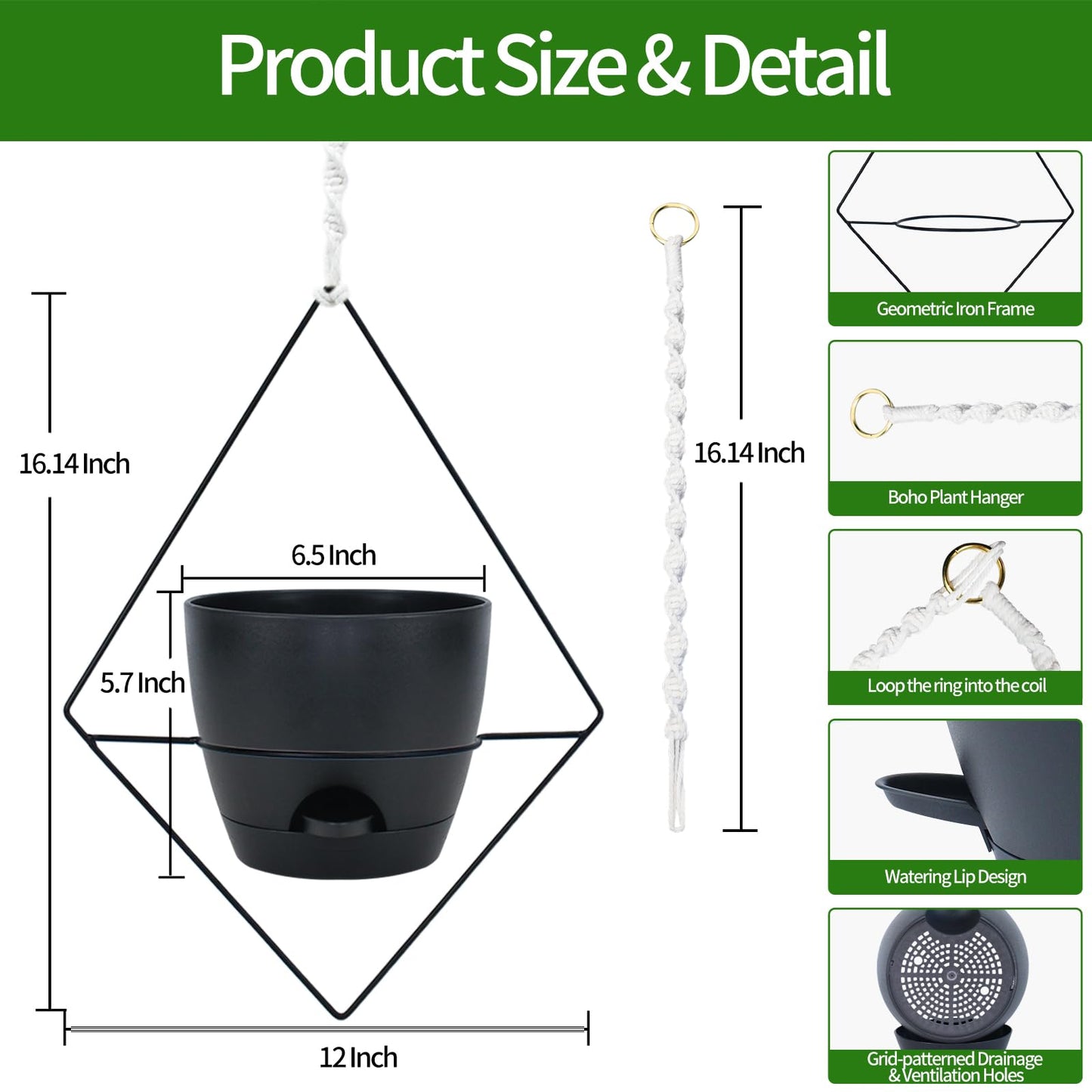Koalaime Hanging Planters for Indoor Plants, 2 Set Self Watering Hanging Flower Pots, Modern Hanging Plant Baskets with Metal Plant Holder & 6.5 Inch Plastic Pots for Garden Home Decor (Black)