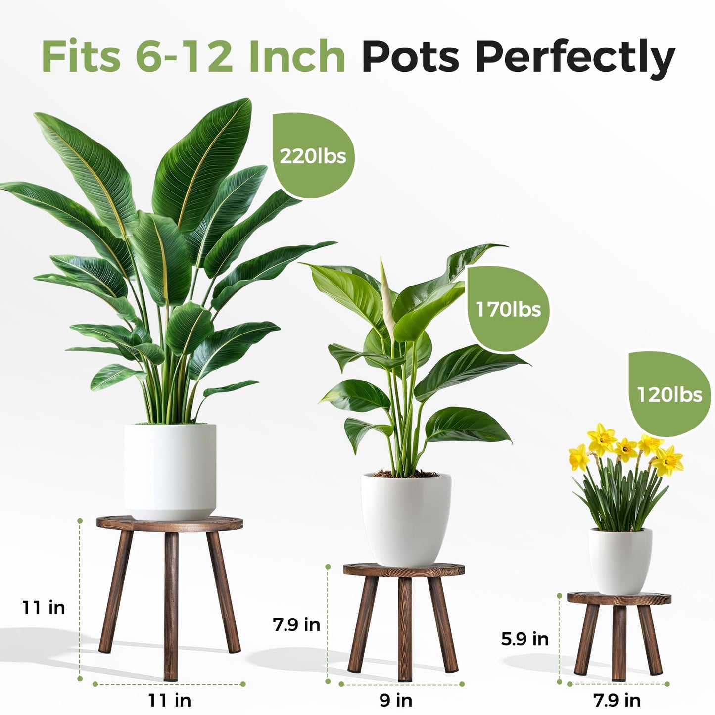 lbsddd 3-Pack Upgrade Thicken Wood Plant Stand Indoor, for 6-12 Inch Pots, Plant Stool Water-resistant Pinewood, Mid Century Modern Decor, Plant Stand 3 Sizes, for Living Room, Balcony, Office(Dark Brown)