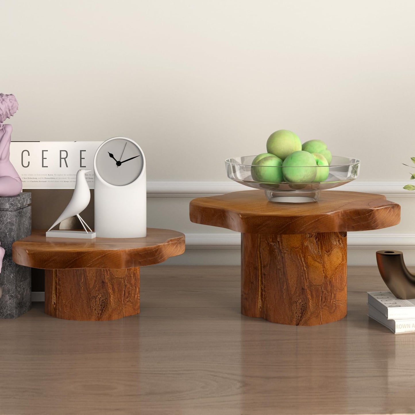 JOLLYMER 9" Live Edge Teak Wood Display Risers With Natural Edge Base – Versatile Teak Wood Pedestal Stand Display Stand Cake Stand,for Kitchen/Bathroom Counter