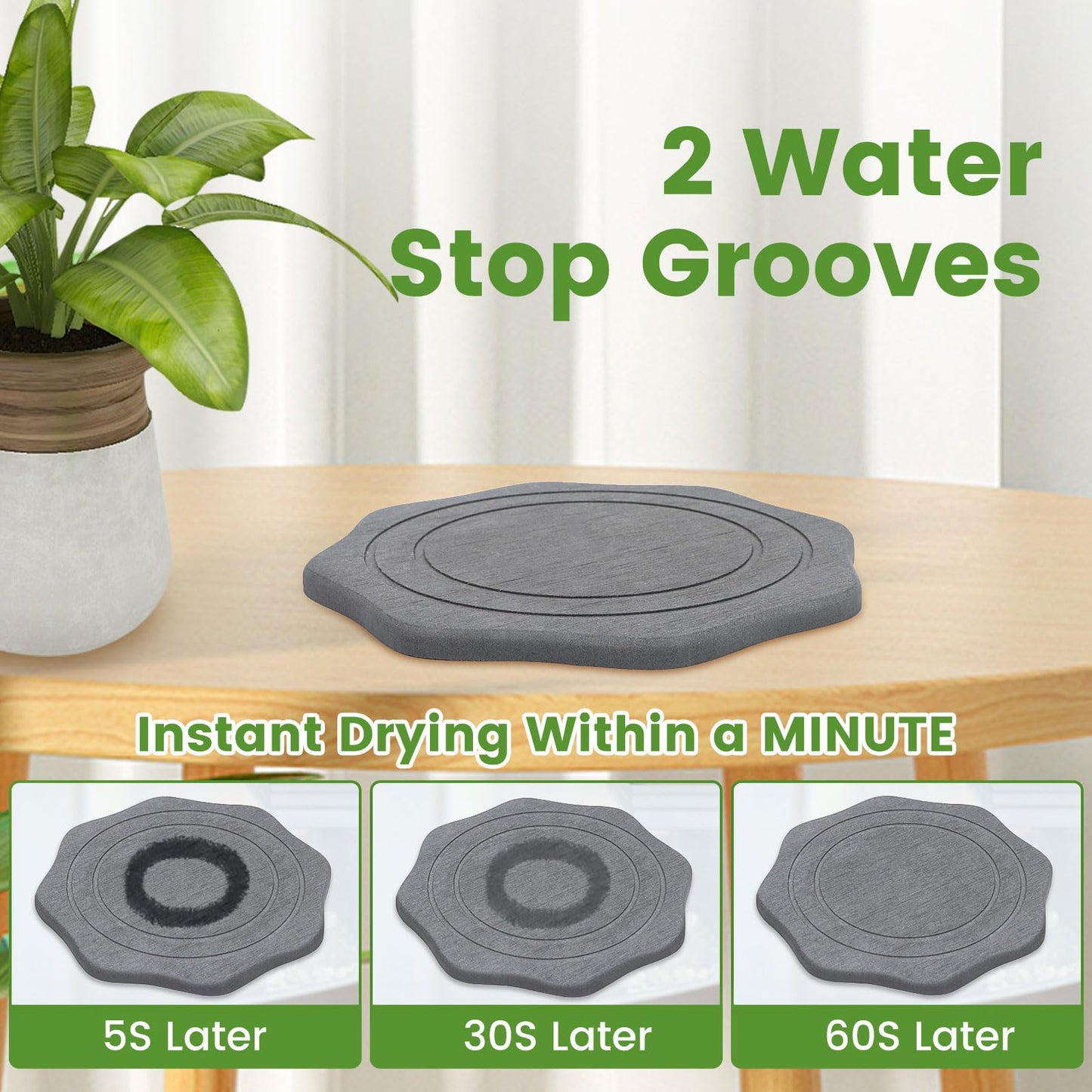 seaflash Plant Saucer for Indoors, 2 Packs 8 12 inch, Diatomaceous Earth Pot Saucers No Holes, Instant Dry Plant Drainage Trays for Pots, Dark Gray