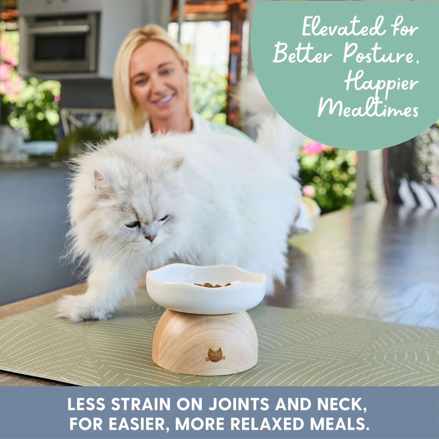 The Cat Ladies Egg Cat Food Bowl - Cute Cats Bowl - Elevated Ceramic Food Bowls - Ceramic Raised Food Bowls - Elevated for Spinal Alignment - Prevents Whisker Fatigue - Wood StandCat Bowl