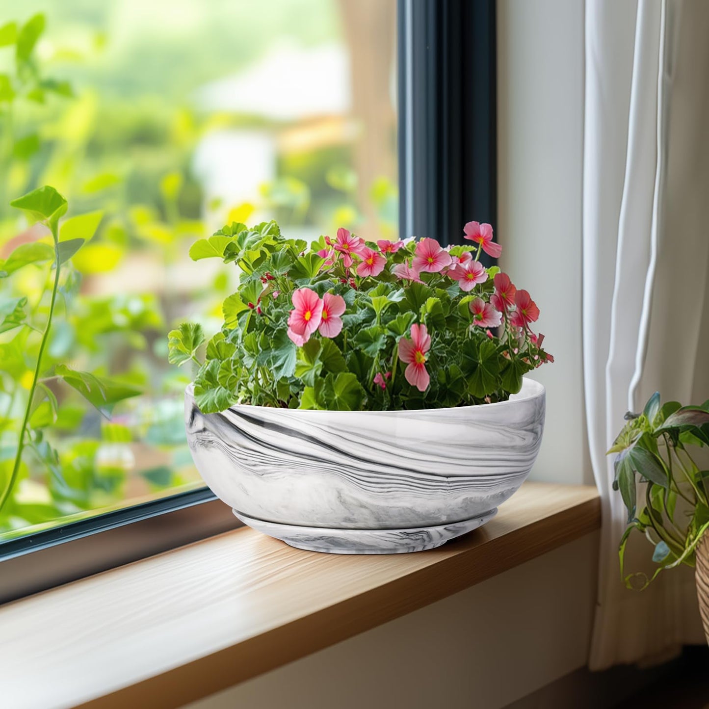 G EPGardening Bonsai Pots, 8 Inch Marble Pattern Ceramic Succulent Pot with Drainage Hole and Plant Saucer, Large Round Planter for Indoor Outdoor Plants, Modern Flower Pot, Plants Lovers Gifts, Grey