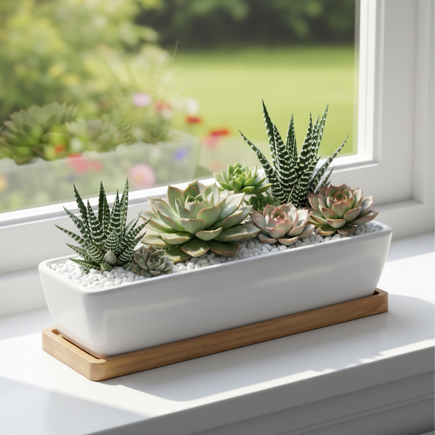 ARVINKEY White Ceramic Succulent Planters, Indoor and Outdoor Succulent Planters, Set of 2 Cactus Containers, Bonsai Pots, Flower Pots with Drainage Hole and Bamboo Bowl (No Plant)