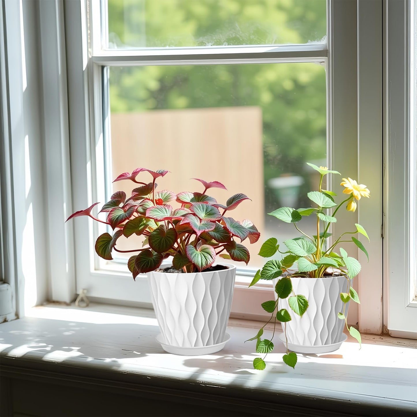 zople 10 Pack 5 Inch Plant Pots with Drainage and Saucers, White Plastic Flower Pots for Indoor and Outdoor Plants, Stackable Nursery Planters for Houseplants and Herbs, White