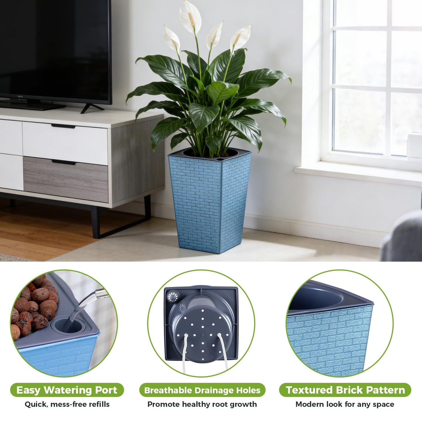 Self Watering Pots for Indoor Plants, 2 Pack Flower Pots Self Watering Planter 10.7" x 6.9" Plastic Pots African Violet Wick and Grow Pots Tall Orchid pots Square Large Plant Pots, Blue
