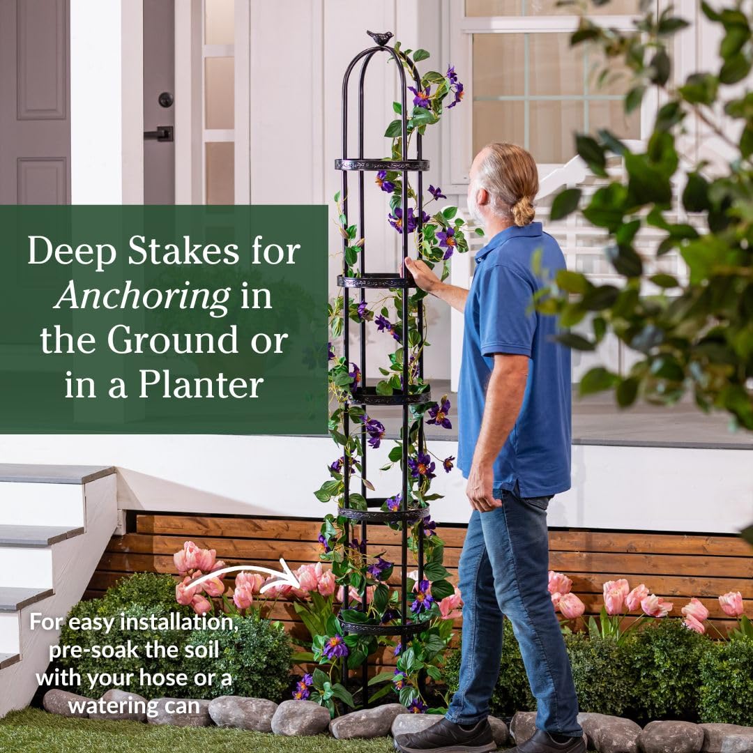 Evergreen Metal Garden Obelisk Trellis for Climbing Plants Outdoor Black | 7 Feet Adjustable | Indoor Plant Trellis for Potted Plants & Heavy Vines | Floral Pattern Arch Trellis