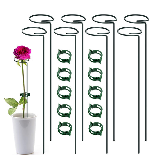 XYCING Green Metal Plants Support Stakes (Pack of 8), Garden Single Stem Plant Support Rod and Ring with 10 PCS Plant Clips, Plant Support and Clips Set - for Amaryllis, Rose, Tomato Seedling, Sapling