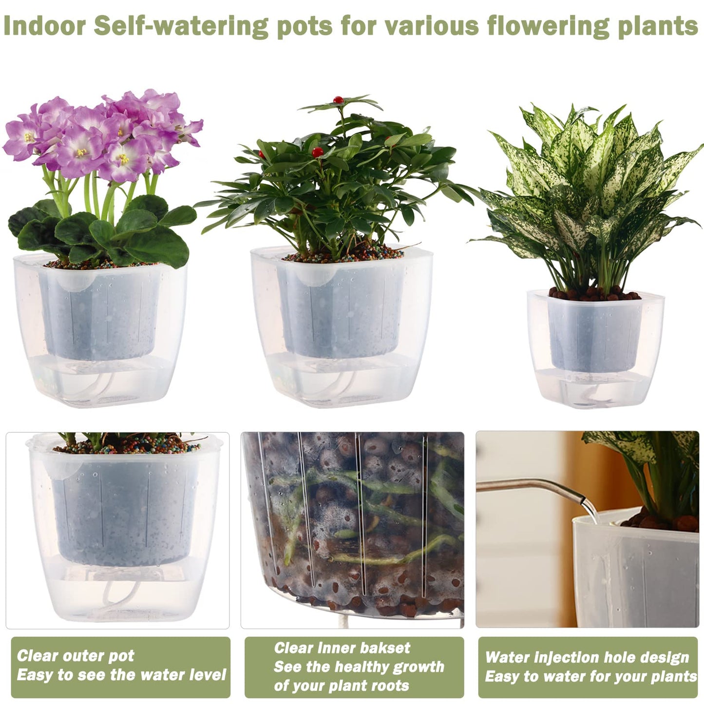 3-Pack Clear Self Watering Planters for Indoor Plants 7" Large African Violet Plant Pots Plastic Wick Flower Pots with Water Injection Hole, Orchid Plant Pot Set, Clear