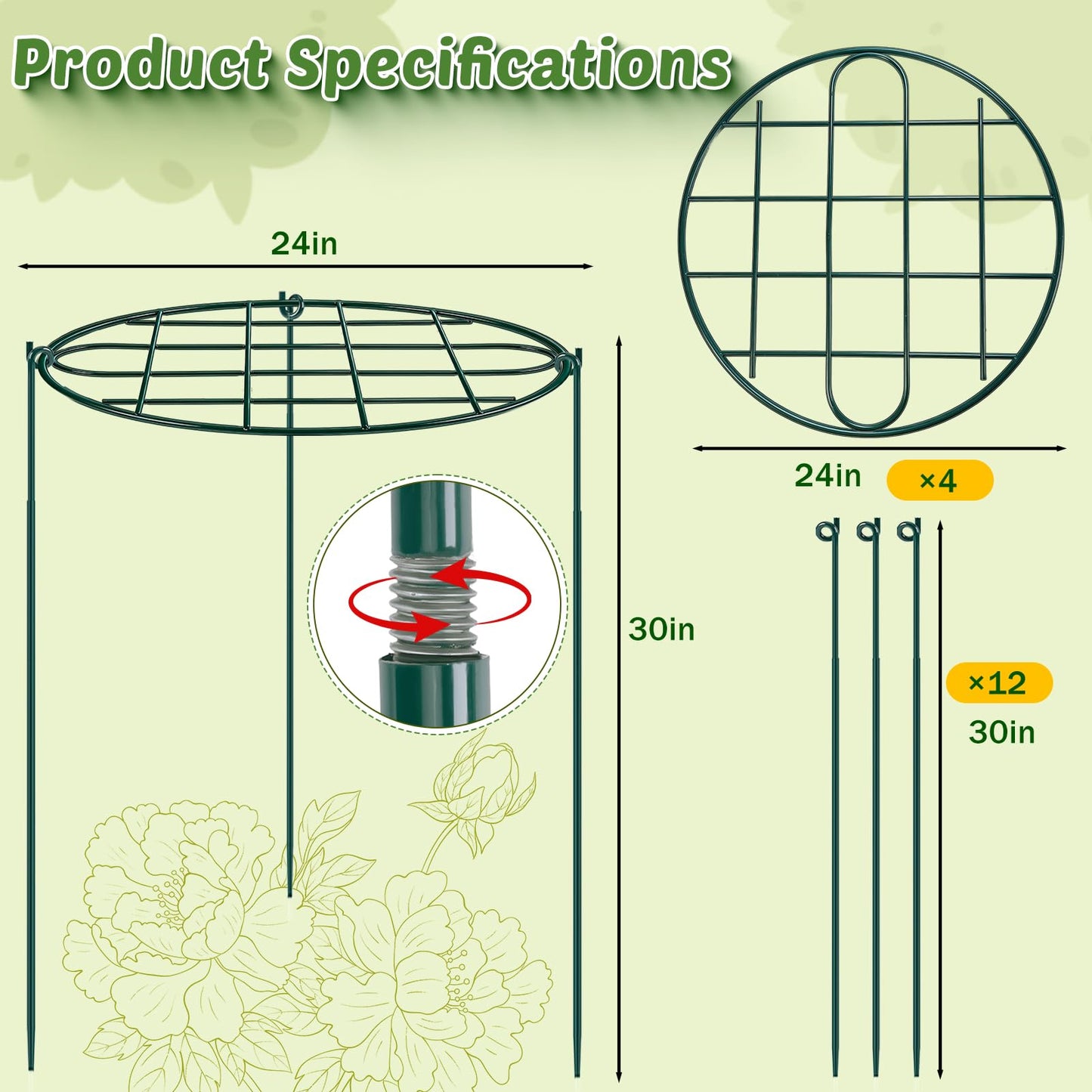 4 Pack 24 x 30 inch Peony Cages and Supports,Metal Grow Through Plant Supports for Outdoor Plants,Flowers Support Rings Top-Heavy Plant Brace Support Hoop for Vegetables,Rose,Tomato,Orchids