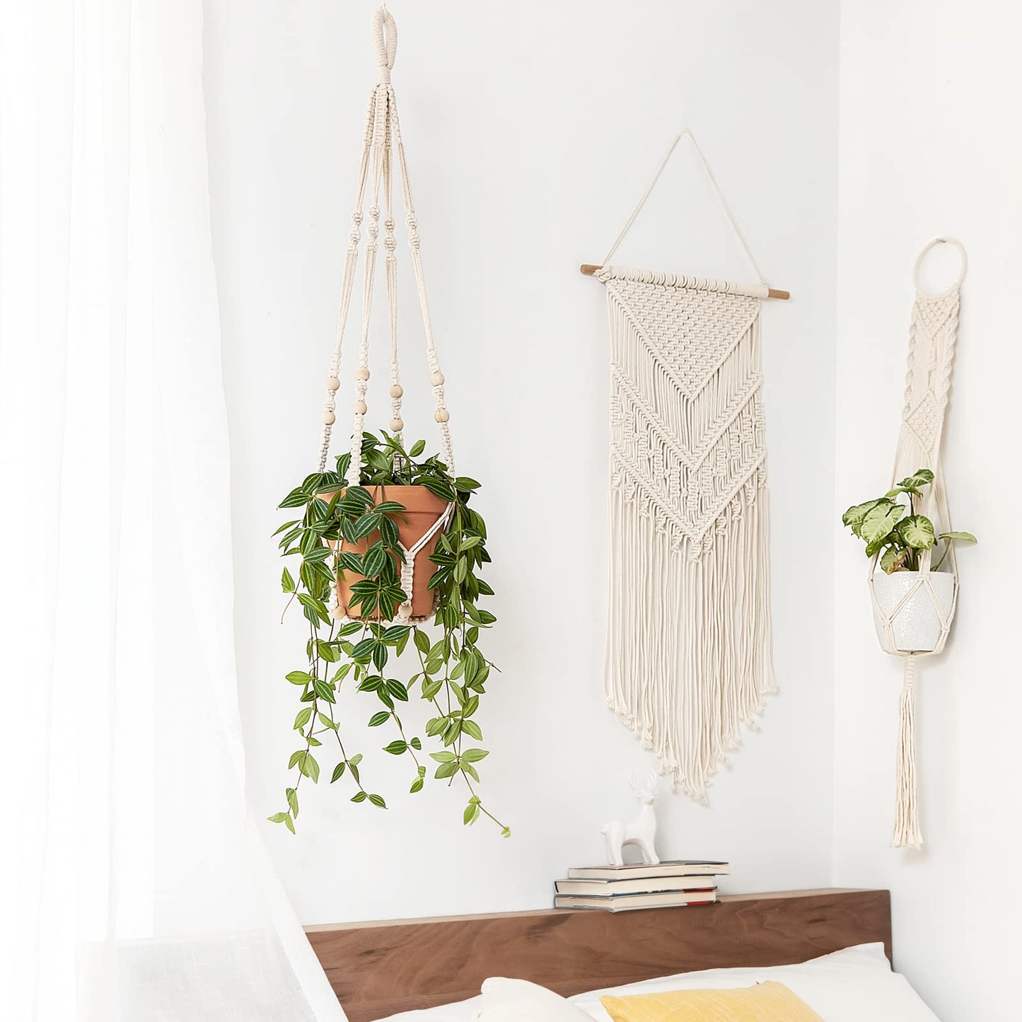 Mkono Set of 2 Macrame Plant Hanger 35 Inch and 43 Inch Indoor Hanging Planter Basket with Wood Beads Decorative Flower Pot Holder No Tassels, Ivory (POTS NOT Included)