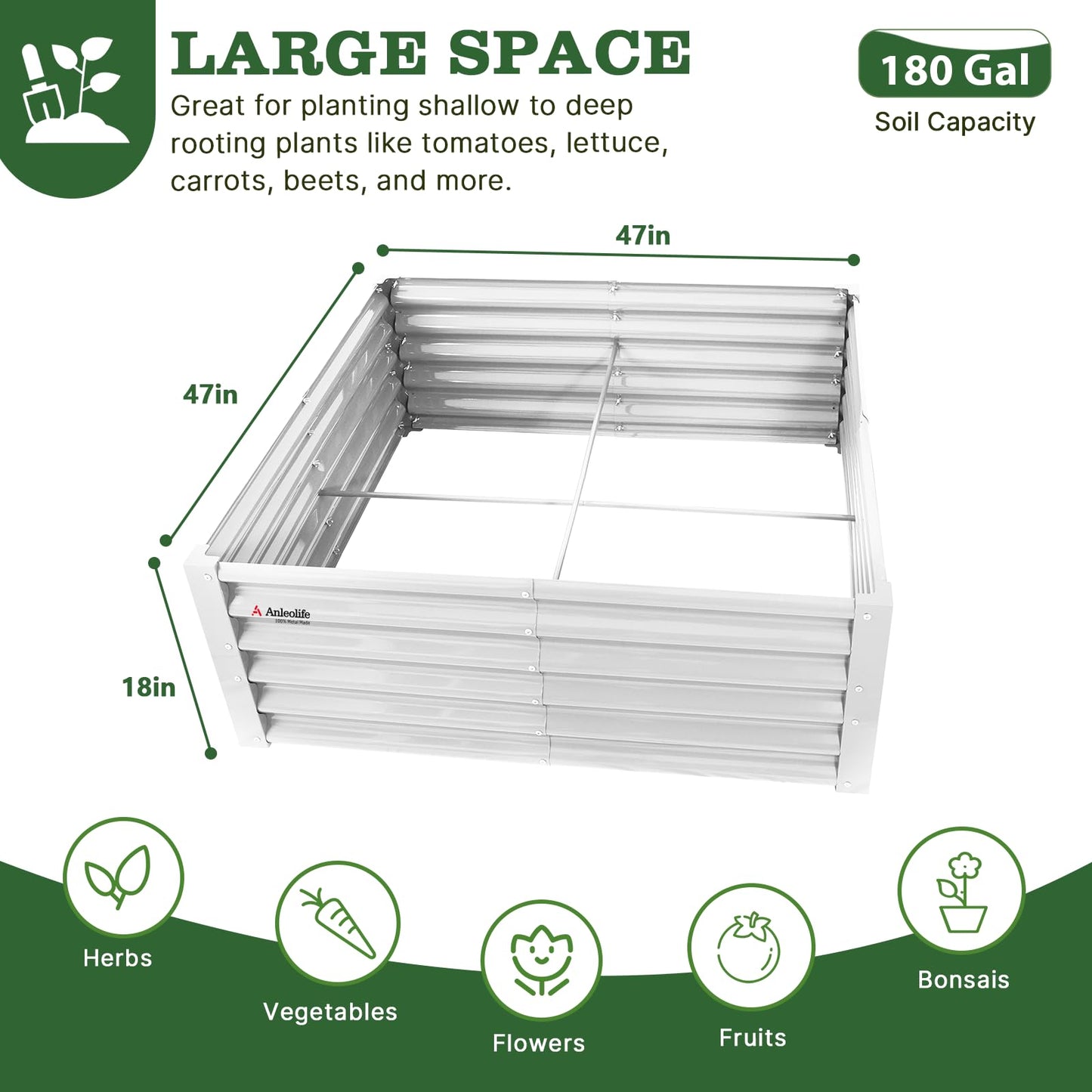 A ANLEOLIFE 4X4X1.5 ft Galvanized Raised Garden Beds Outdoor, Square Metal Planter Box for Planting Vegetables Flowers Herb, Anti-Rust & Easy-Setup, Antique White