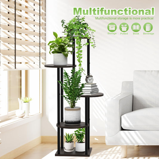 YOCOMEY 5 Tier Wood Tall Plant Stand Metal Rack Indoor, Multiple Flower Pot Holder Shelves Corner Rack, Round Planter Shelf Display Rack Storage Organizer for Patio Living Room Balcony(Black+Oak)