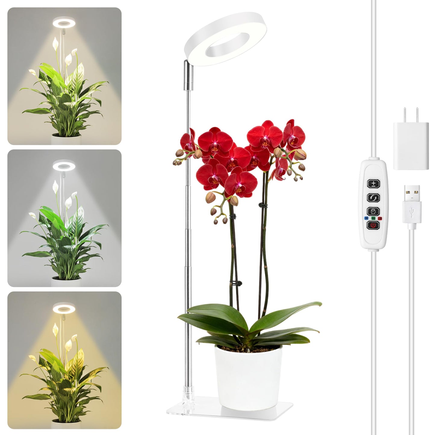 White Grow Lights for Indoor Plants Full Spectrum, 48 LEDs Plant Light for Indoor Plants, Height Adjustable, Small Halo Growing Lamp with Base, Auto Timer 3/9/12H, 3 Light Spectrums,10 Brightness