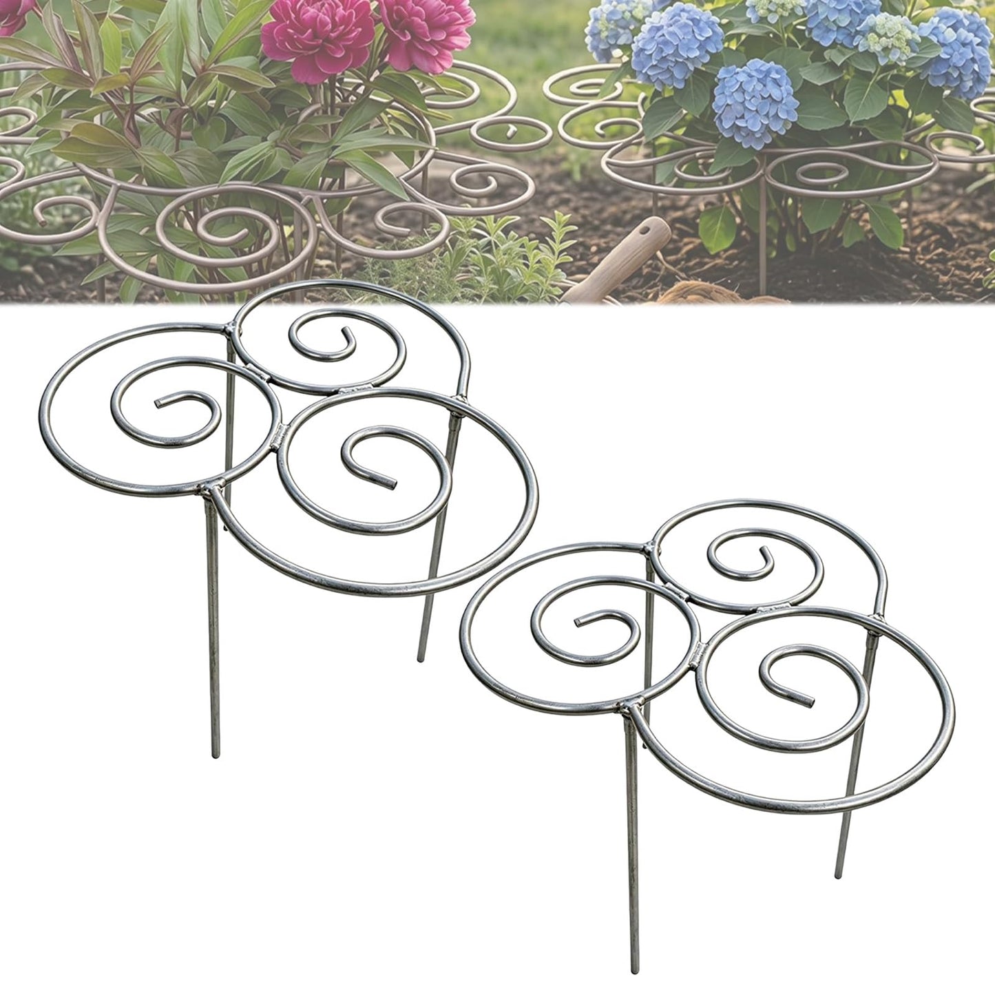 Metal Plant Support Ring for Peony Cages & Garden, Heavy Duty Metal Flower Stakes for Upright Growth, Decorative Grow Through Rings for Peonies, Roses, Hydrangeas, Tomatoes (2pcs, S)