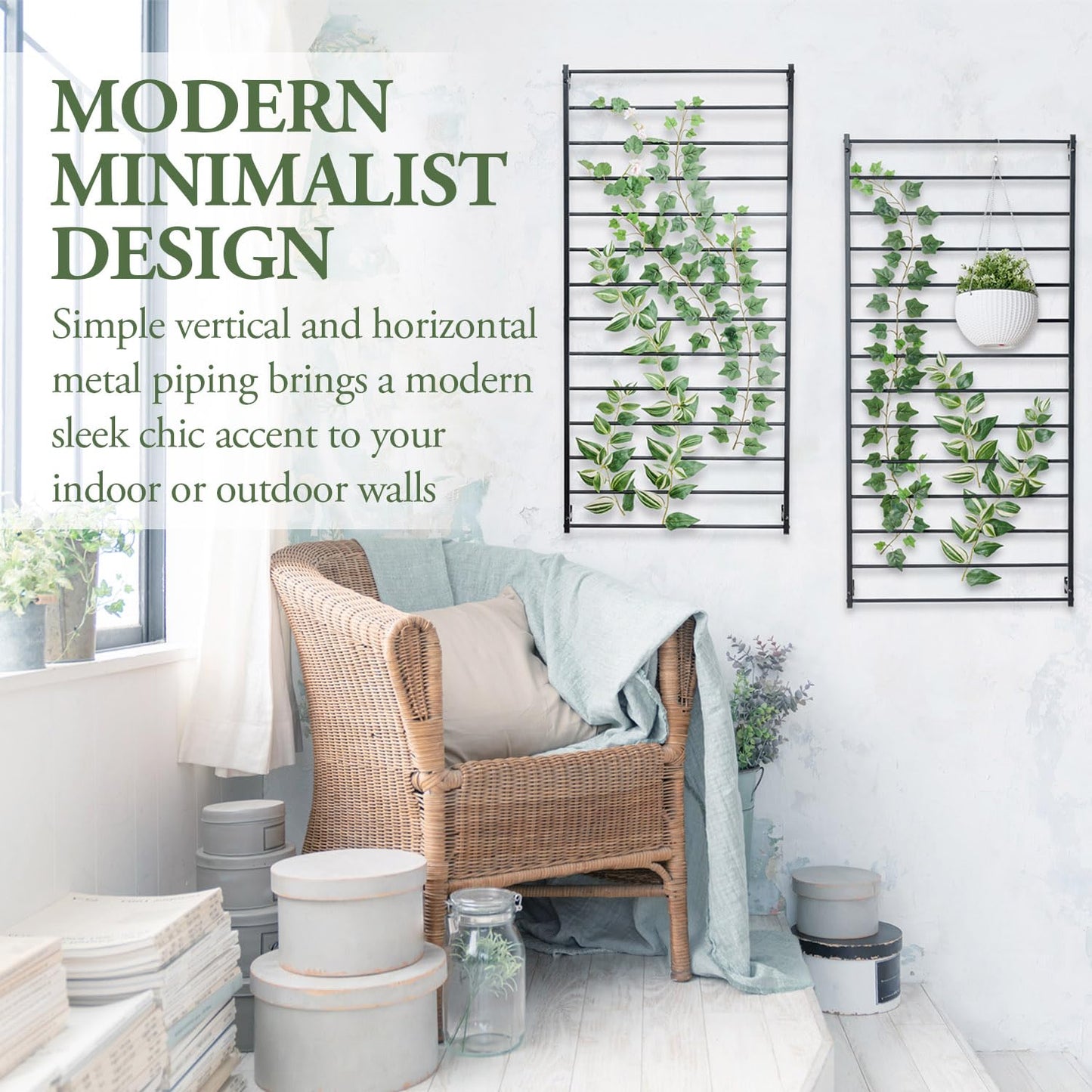 MyGift 4 Foot Tall Modern Matte Black Metal Wall Mounted Horizontal Bars Trellis, Outdoor Hanging Support Frame for Climbing Garden Plants and Crawling Vines, Set of 2