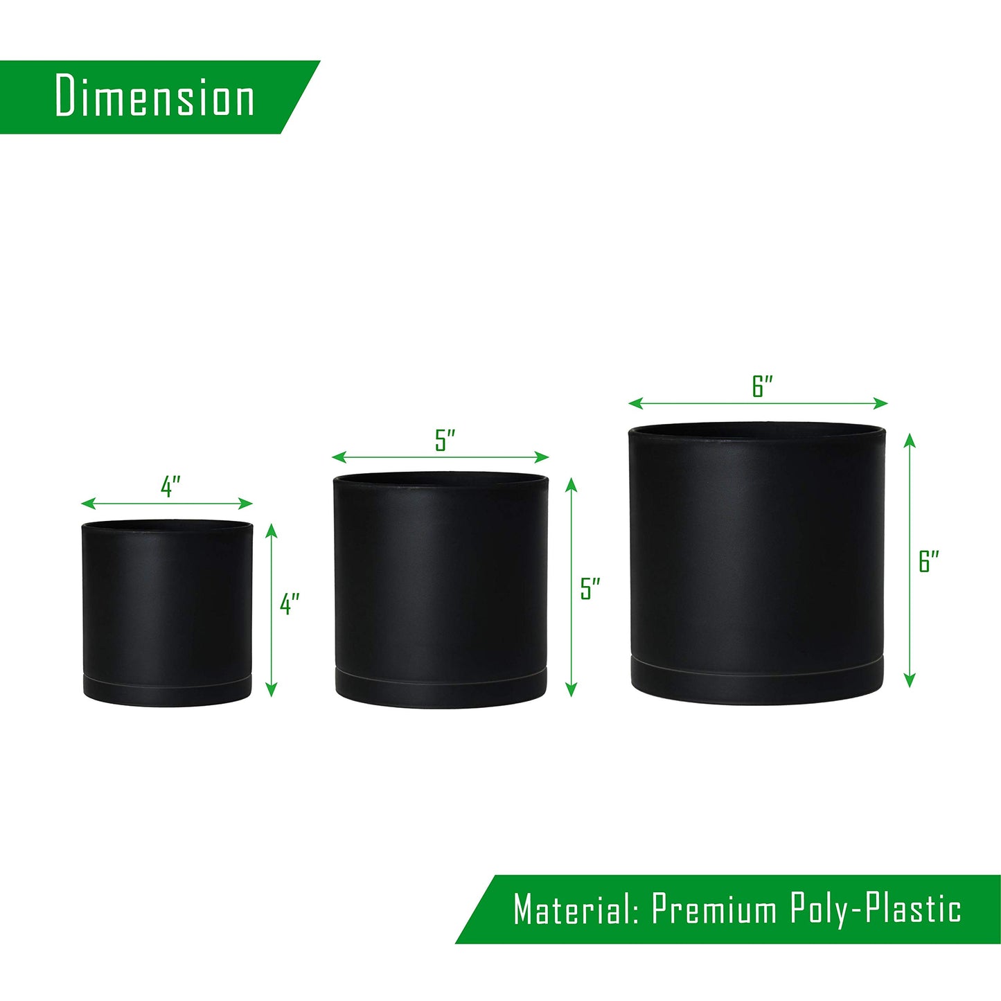 D'vine Dev 4 Inch 5 Inch 6 Inch, Set of 3 Plastic Planter Pots for Plants with Drainage Hole and Seamless Saucers, Black Color, Small, 74-V-B-1