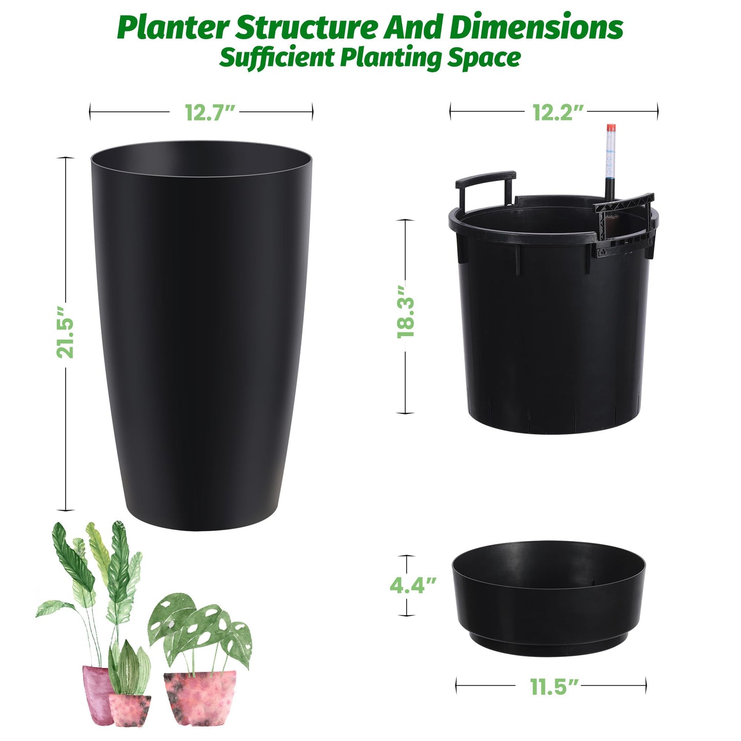 GarveeLife Set of 2 Tall Planters for Outdoor Plants, 22 in Large Planters for Outdoor Indoor Plants with Water Level Monitor ＆ Inner Bucket, Automatic Watering, for Porch, Patio, Backyard, Black