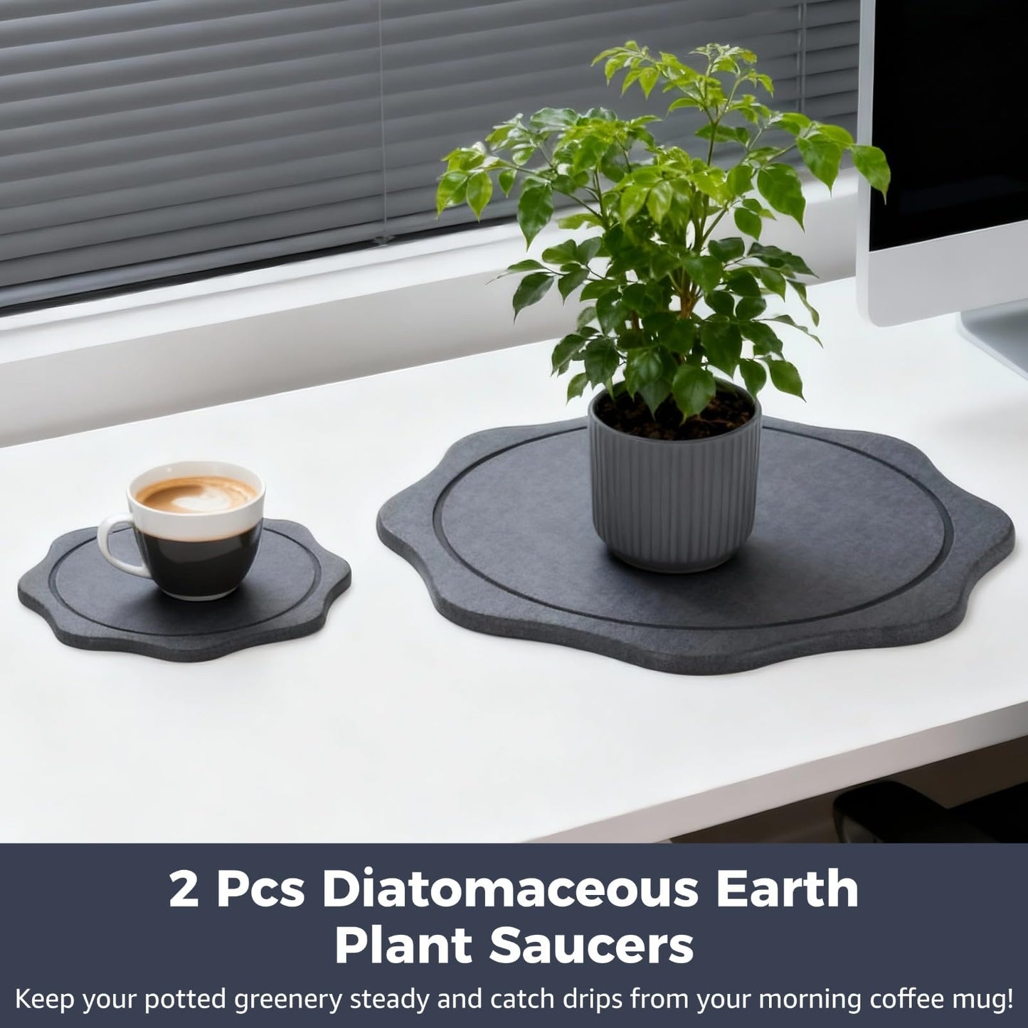 NIMBLOOM 2 Pcs Diatomaceous Earth Plant Saucers, 7.9/11.8 in No Holes Instant Dry Absorbent Plant Trays for Indoors, Water-Catching Drip Mats to Protect Floors & Counters Clean Dry, Dark Gray