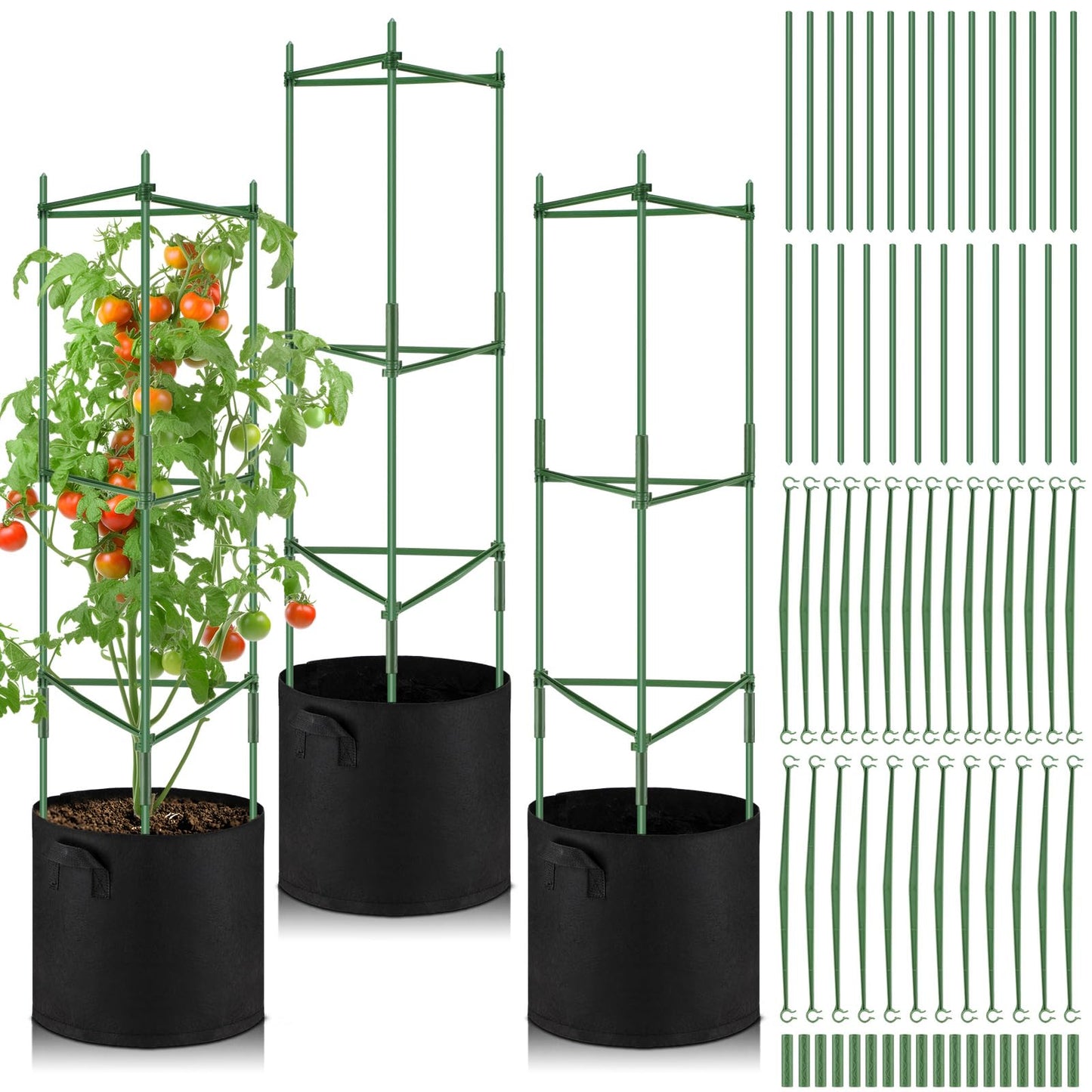 Colingmill 3 Pack 47" Tomato Cages with 10 Gallon Grow Bag Adjustable Tomato Cages for Garden Trellis Pots for Potted Plants Vertical Climbing Vegetables Outdoor Indoor