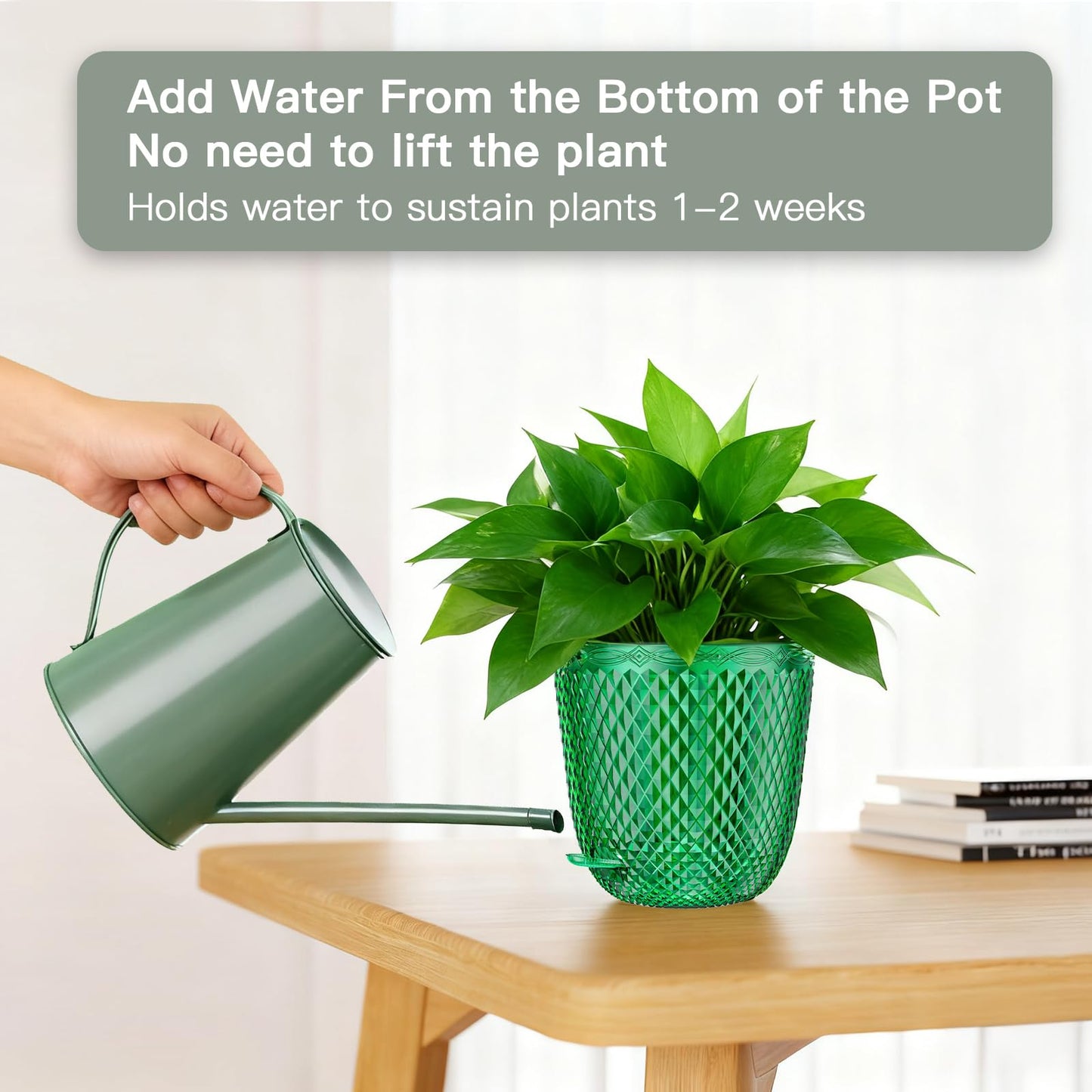 QCQHDU 2 Pack Self Watering Pots, 7.2 Inch Flower Pots with Drainage Holes and Water Filling Port, Plastic Garden Planter for Indoor Outdoor Plants (Emerald)