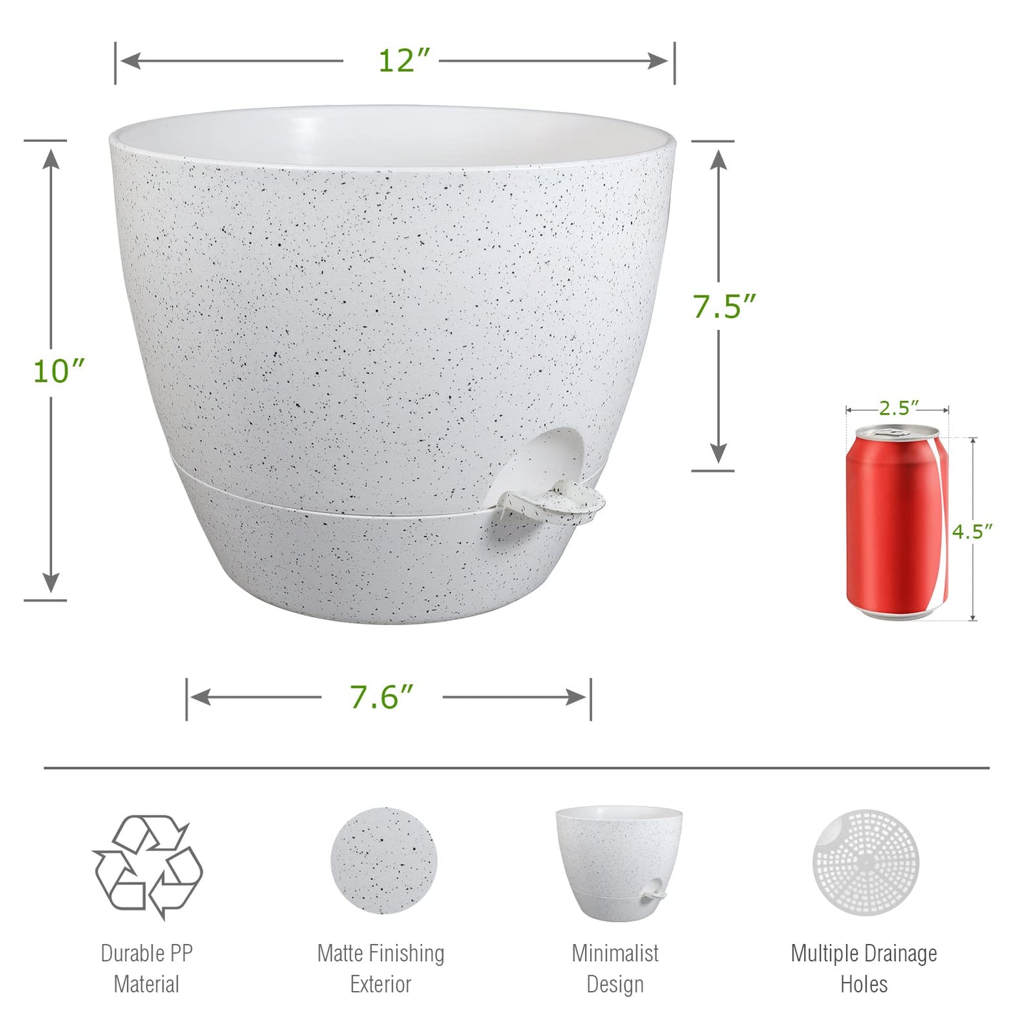 UOUZ 12inch 2Pack Large Self Watering Planters, Plastic Plant Pots with 60oZ Removable Deep Reservoir and Multi Mesh Drainage Holes for Indoor Outdoor Garden Plants and Flowers, White Speckles
