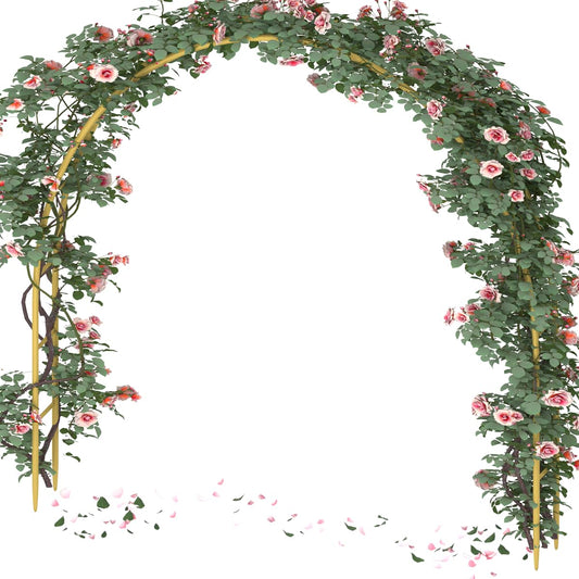 Queension Metal Wedding Arch for Ceremony Party Decoration 7Ft Wide 7.7Ft High,Garden Arch Trellis with Ground Bases for Climbing Plants,Outdoor Garden Arbor for Roses Vines, Round Frame, Gold