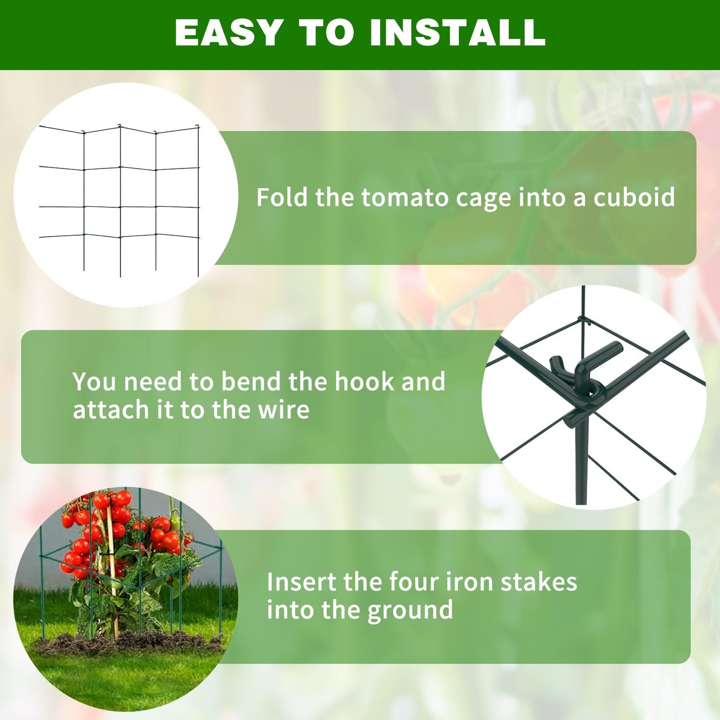 LAKNUAL 6 Packs Tomato Cages for Garden, 12"×12"×39" Plant Support Cage with Different Spacing, Green Metal Trellis for Climbing Plants Like Cucumber, Flowers