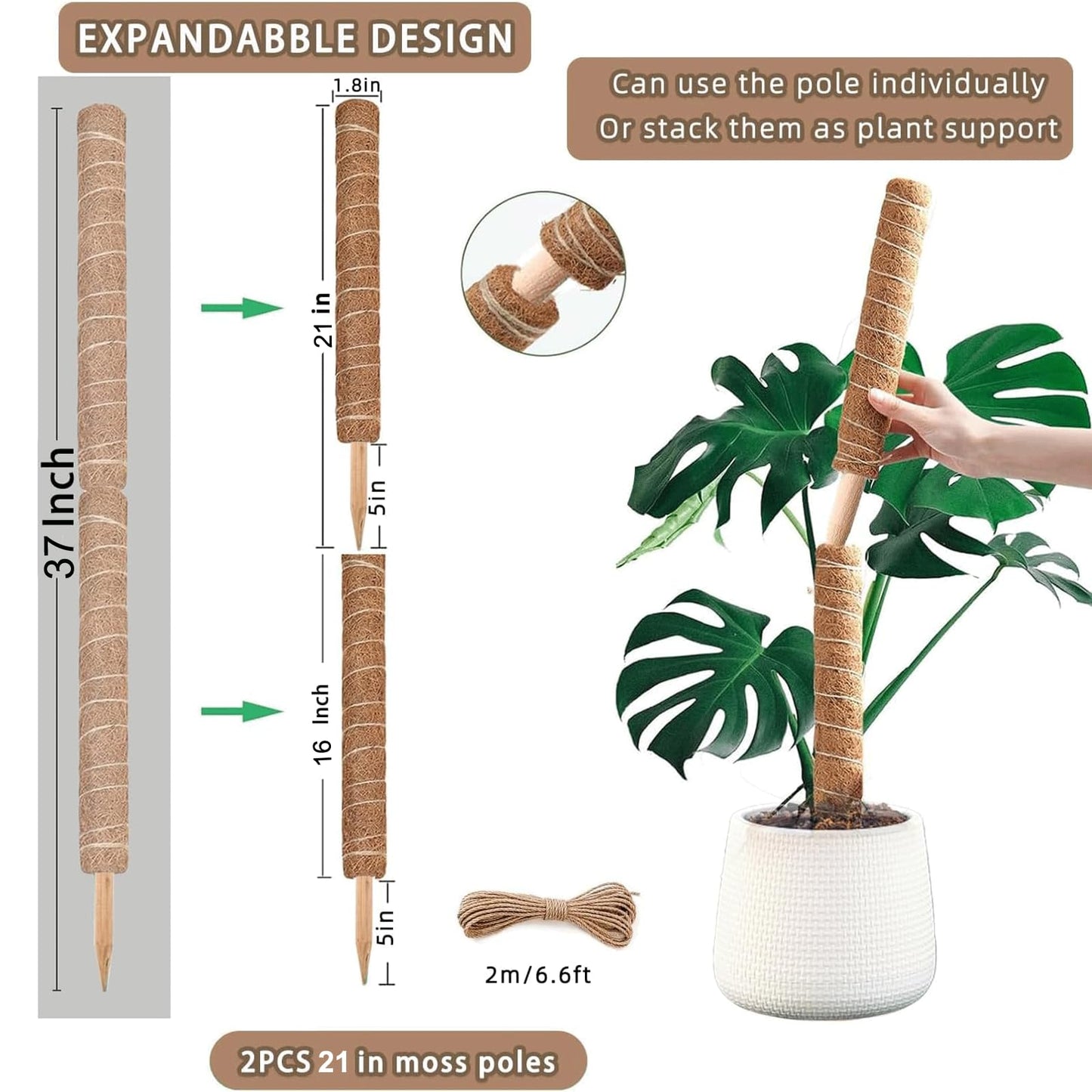 Moss Pole, 2Pack 21 Inch Plant Support Stakes for Indoor Plants, Monstera Plant Support Stakes, 37 Inch Tall Coir Plant Pole Sticks for Potted Plants, Pothos, Philodendron