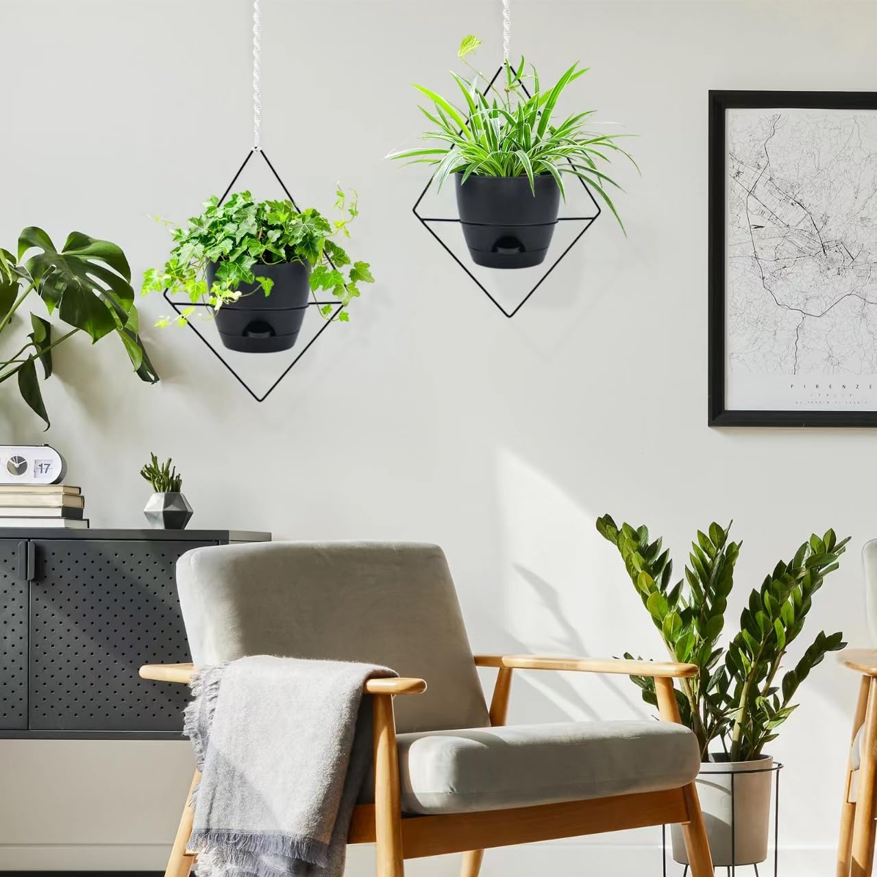 Koalaime Hanging Planters for Indoor Plants, 2 Set Self Watering Hanging Flower Pots, Modern Hanging Plant Baskets with Metal Plant Holder & 6.5 Inch Plastic Pots for Garden Home Decor (Black)