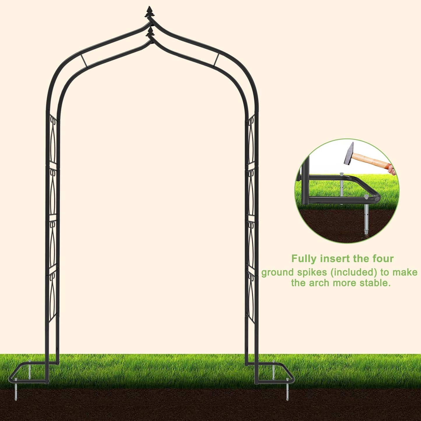 OUSHENG 7FT Garden Arch Trellis, Outdoor Steel Arbor for Climbing Plants, Archway Frame Stand Gate with Ground Stakes for Wedding Ceremony Decoration Party Vines Lawn Courtyard Patio Backyard