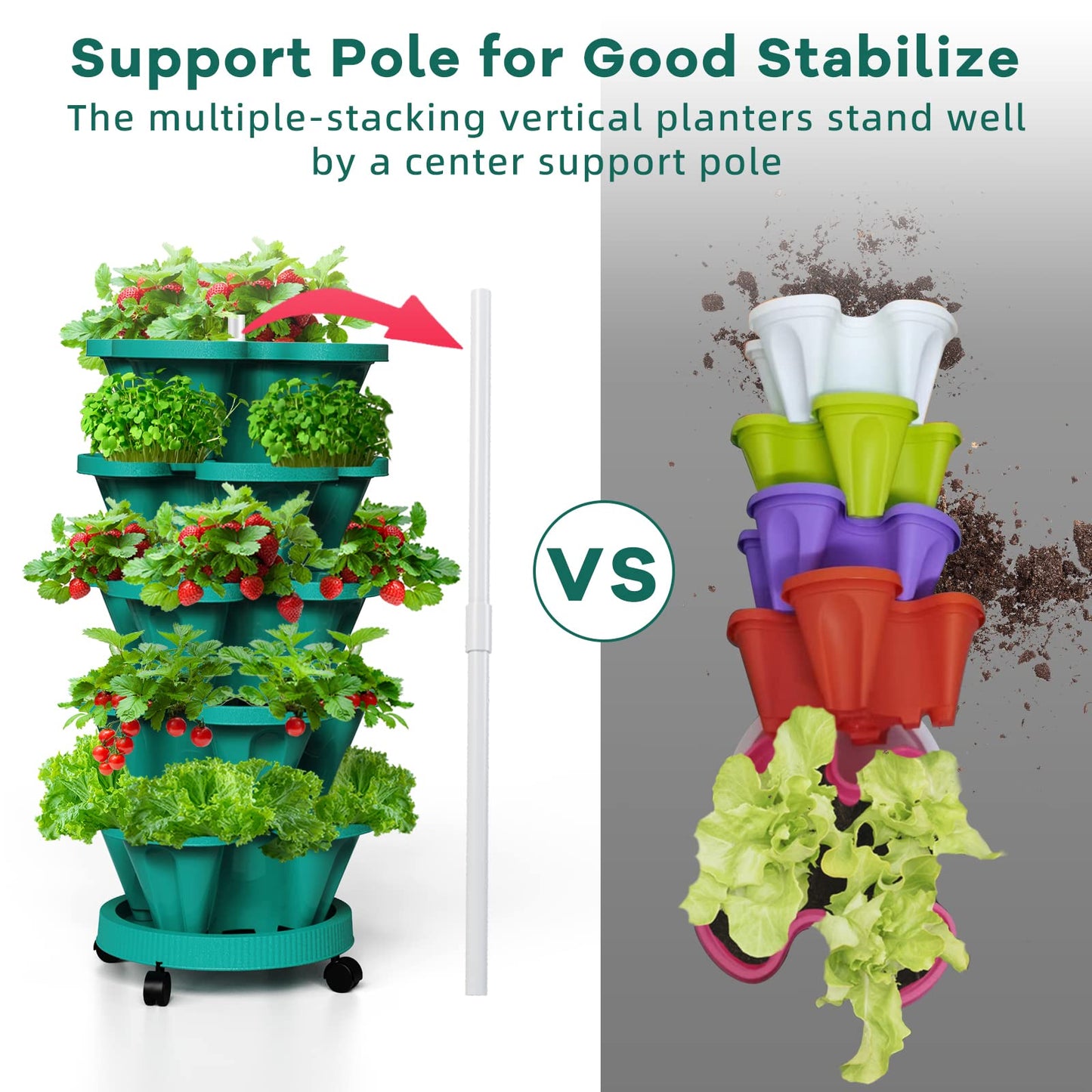 Tectsia Strawberry Vertical Planters Tower Garden 2 Pack, 7 Tiered Stacking Herb Vegetable Planter with Support Pole Indoor and Outdoor - Hunter Green