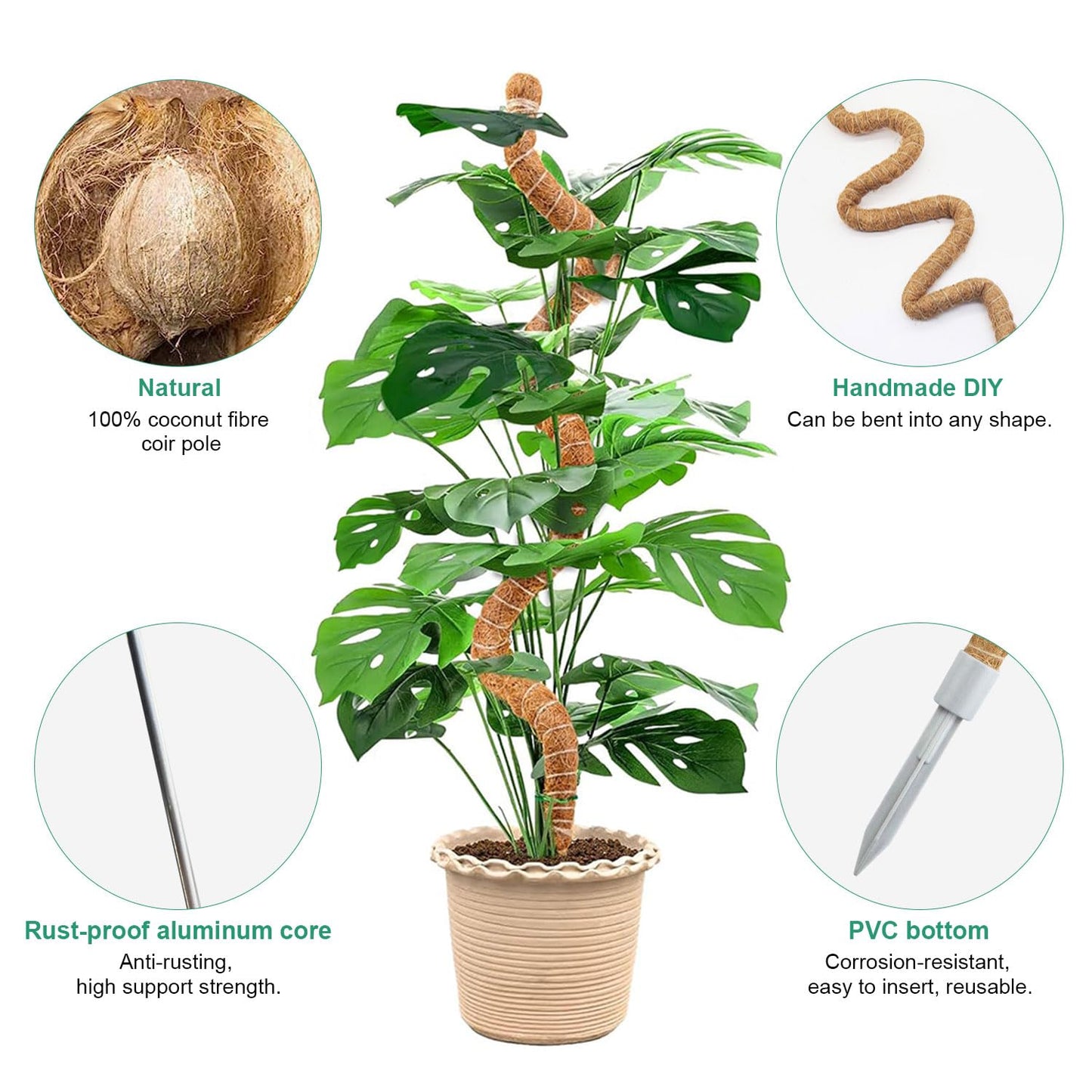 Homvvi Moss Pole 28 Inch, 4 Pack Monstera Plant Support, Bendable Coco Coir Pole - Plant Stakes for Indoor Plants, Moss Poles for Climbing Plants, with Gardening Accessories (Plant Ties etc)