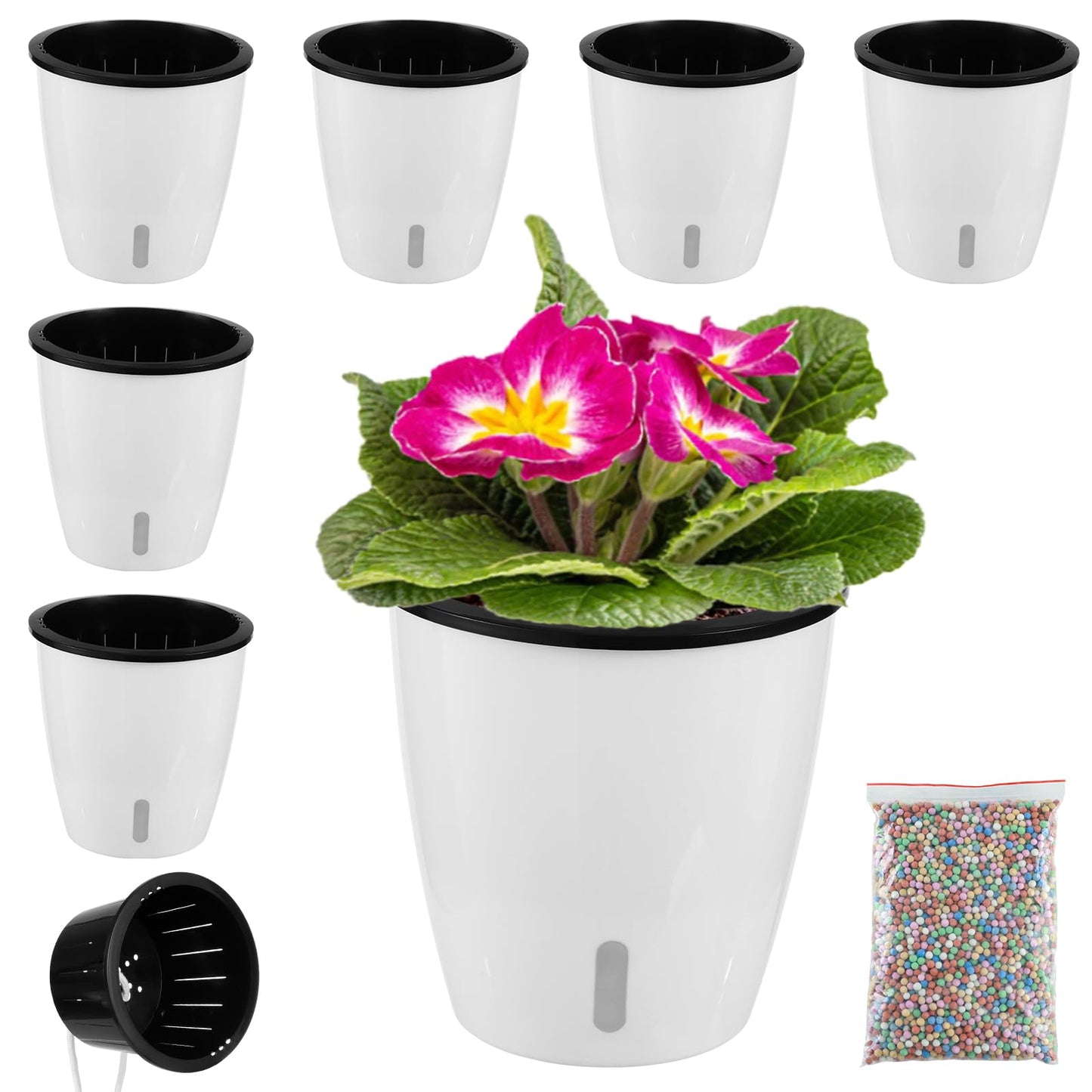 Planterhoma 5 Inch Self Watering Pots for Indoor Plants, 6 Packs African Violet Pots with Indicator, Black Wick Pot with Drainage Holes, Self Watering Planters for Orchid, Devil's Ivy, White