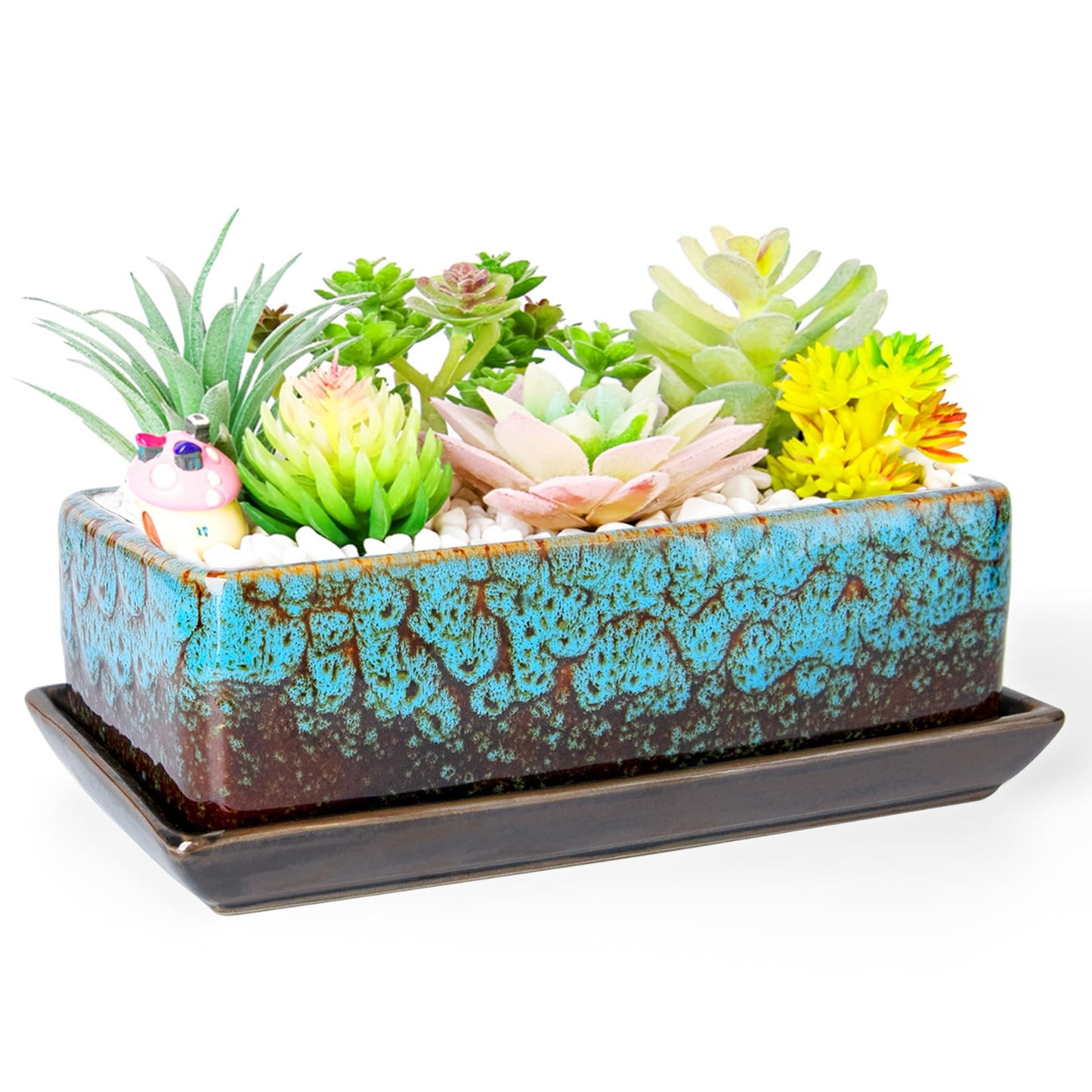 ARTKETTY Succulent Pots - Long Rectangle Succulent Planters with Drainage Tray, Window Sill Planter, Ceramic Pots for Indoor Cactus Plants Shallow Bonsai Window Box for Home Garden Decor