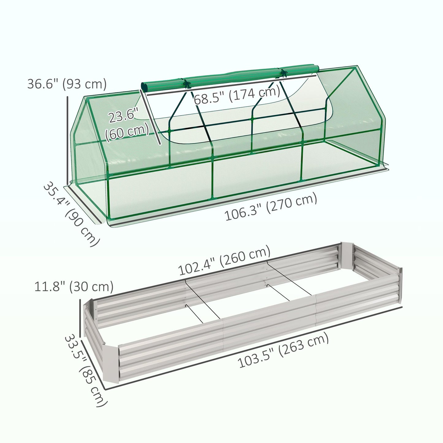 Outsunny 8.6 x 3 x 1ft Metal Planter Box with Mini Greenhouse, Galvanized Raised Garden Bed with Cover for Herbs and Vegetables, Small Greenhouse for Patio Garden Balcony, Green and Silver