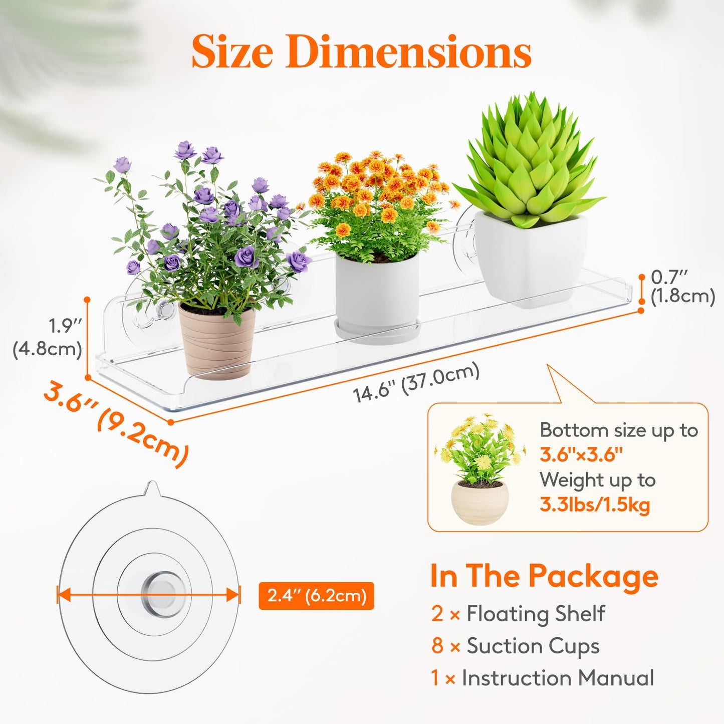 Lifewit Window Plant Floating Shelves 14.6x3.6, 3 Pack Acrylic Suction Cup Shelf, Window Sill Extender for Indoor Succulent Plants, Micro Greens, Seed Starter Pots, Herb Planters 37 x 9 cm/14.6x3.6