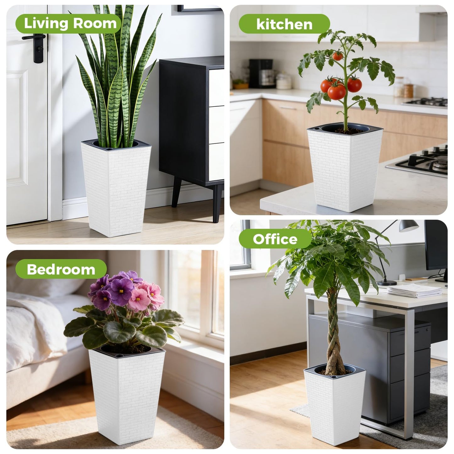 Self Watering Pots for Indoor Plants, 2 Pack Flower Pots Self Watering Planter 10.7" x 6.9" Plastic Pots African Violet Wick and Grow Pots Tall Orchid pots Square Large Plant Pots, White