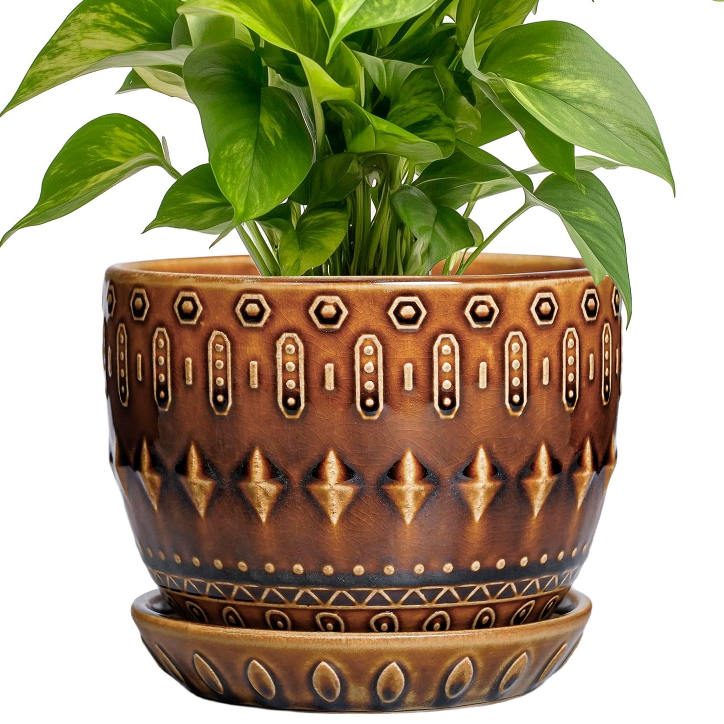 G EPGardening 5.5 Inch Plant Pot - Ceramic Planter for Indoor Outdoor Plants, Boho Round Indoor Flower Pot with Drainage Hole and Saucer, Housewarming Gifts, Garden Home Room Decor, Brown