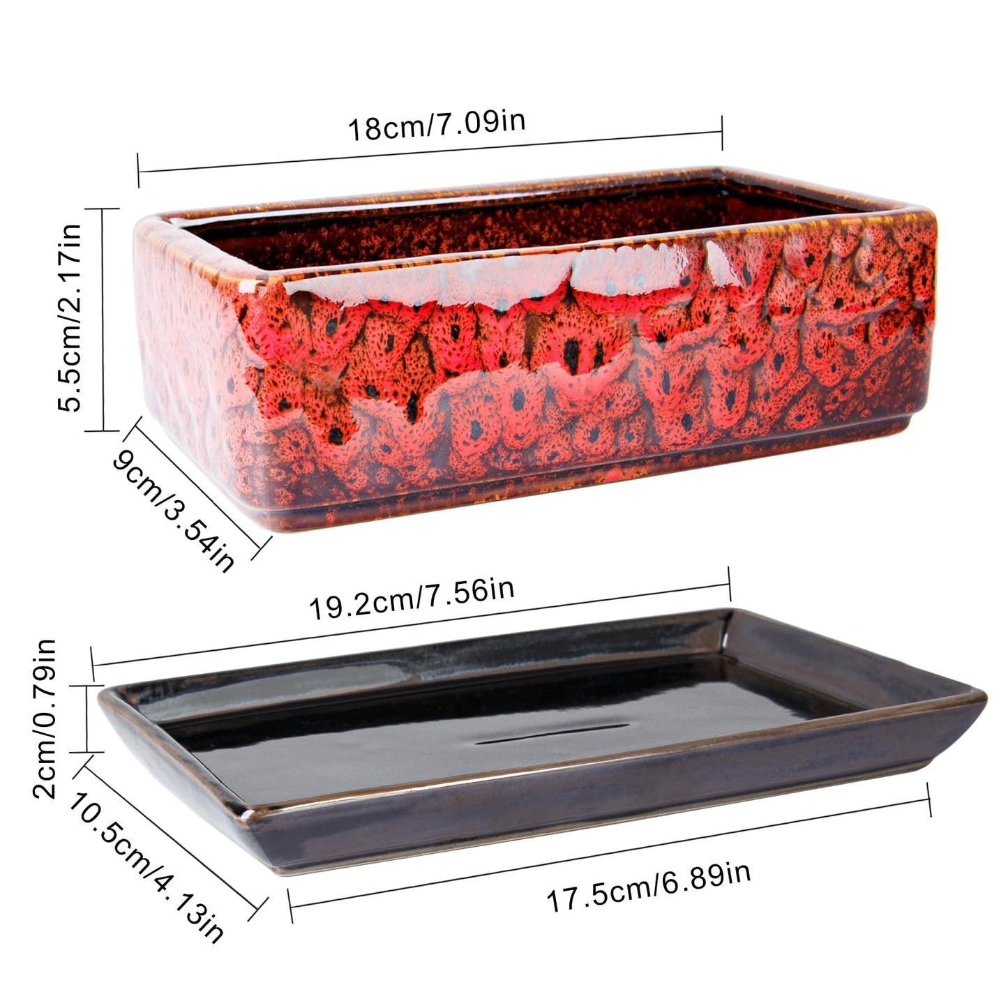 ARTKETTY Succulent Pots - Long Rectangle Succulent Planters with Drainage Tray, Window Sill Planter, Ceramic Pots for Indoor Cactus Plants Shallow Bonsai Window Box for Home Garden Decor