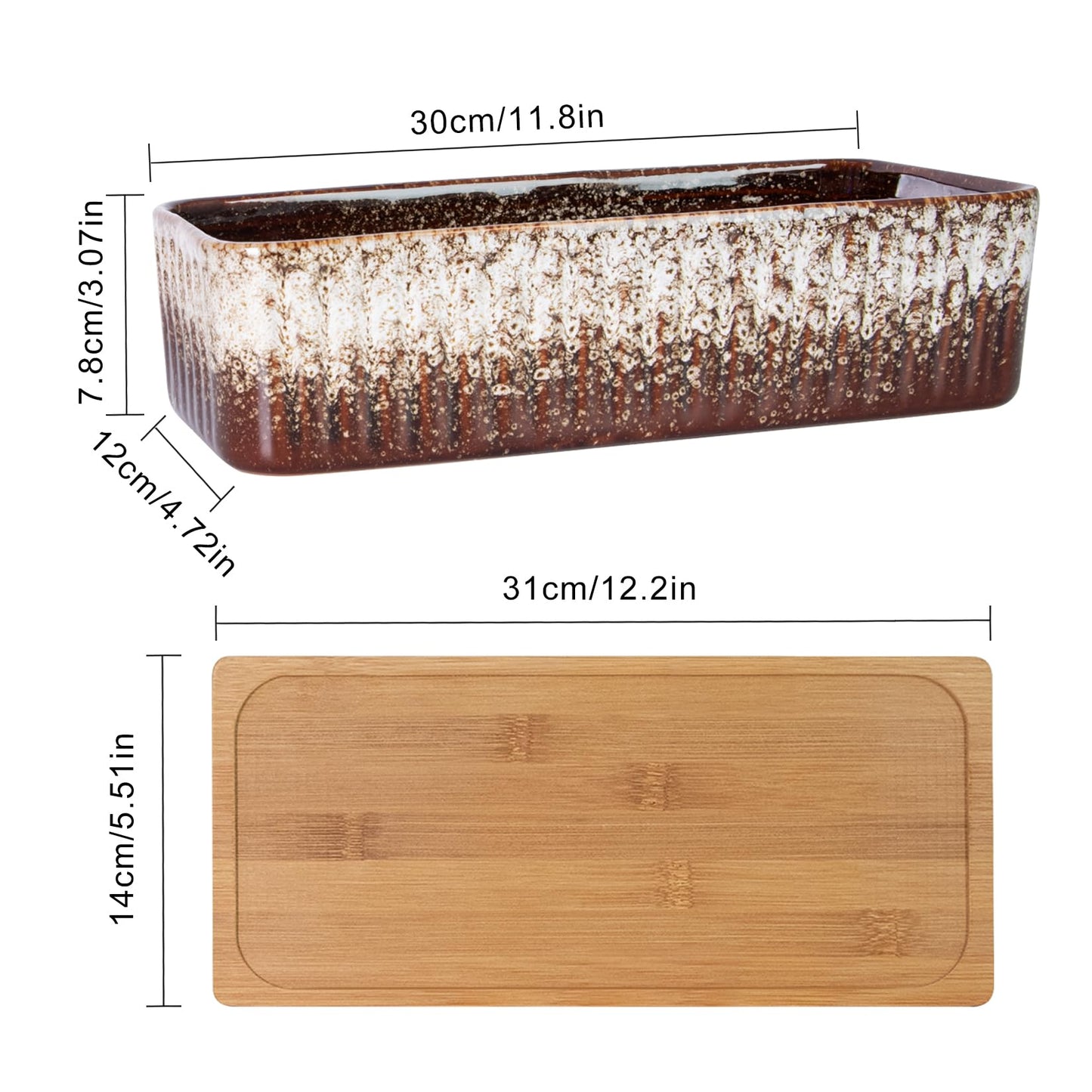 Succulent Pots - 12 Inch Large Succulent Planters with Drainage Tray, Window Sill Planter, Long Rectangle Ceramic Pots for Indoor Cactus Plants Shallow Bonsai Window Box for Home Garden Decor