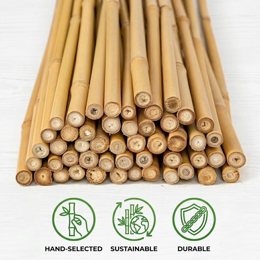 Plant Stakes Natural Bamboo Sticks - 50 Pcs Bamboo Garden Stakes for Plants 18 Inches Plant Support Sticks with Twist Ties for Tomatoes Beans Orchid Flowers Indoor Outdoor Potted Climbing Plants