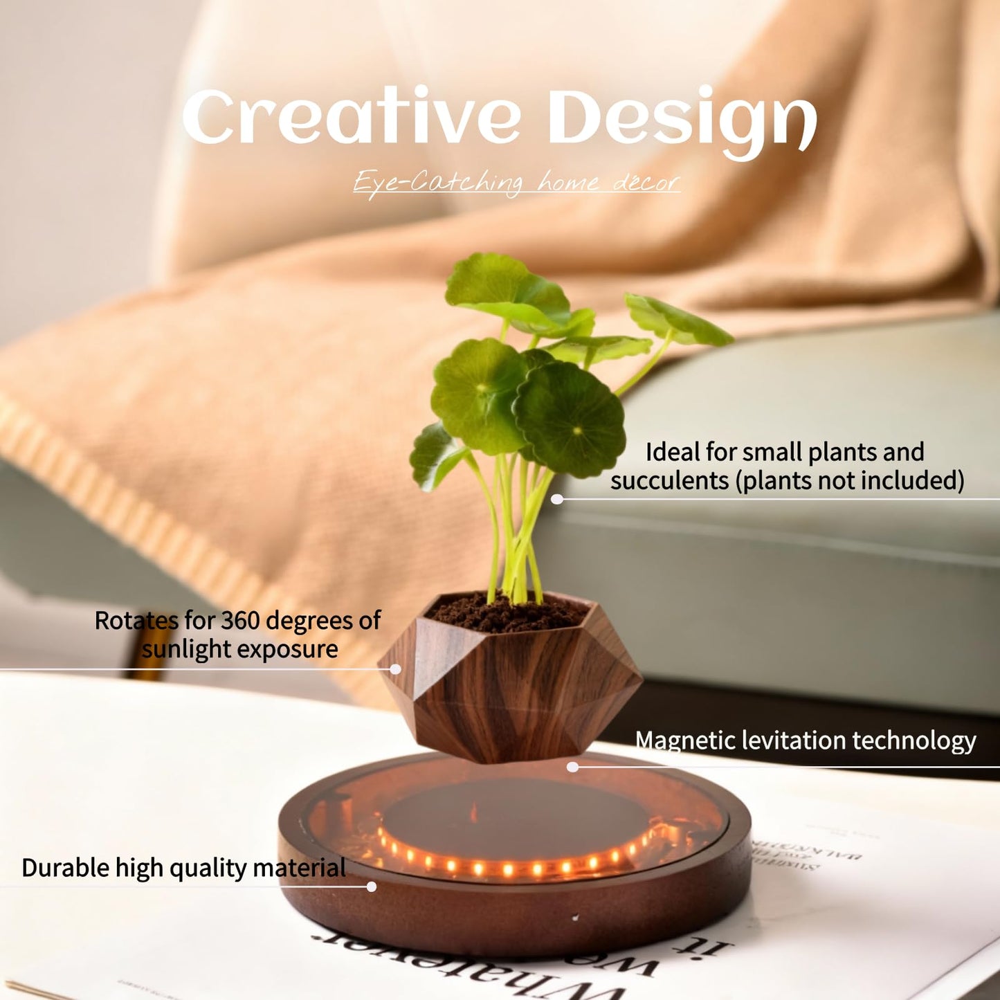 MOOCCI Levitating Plant Pot with Light, Magnetic Floating Flower Pot with Rotating and Auto-Spinning, Brown Wood Grain Planter for Succulents, Cool Desk Decor for Home Office, Unique Gift Idea