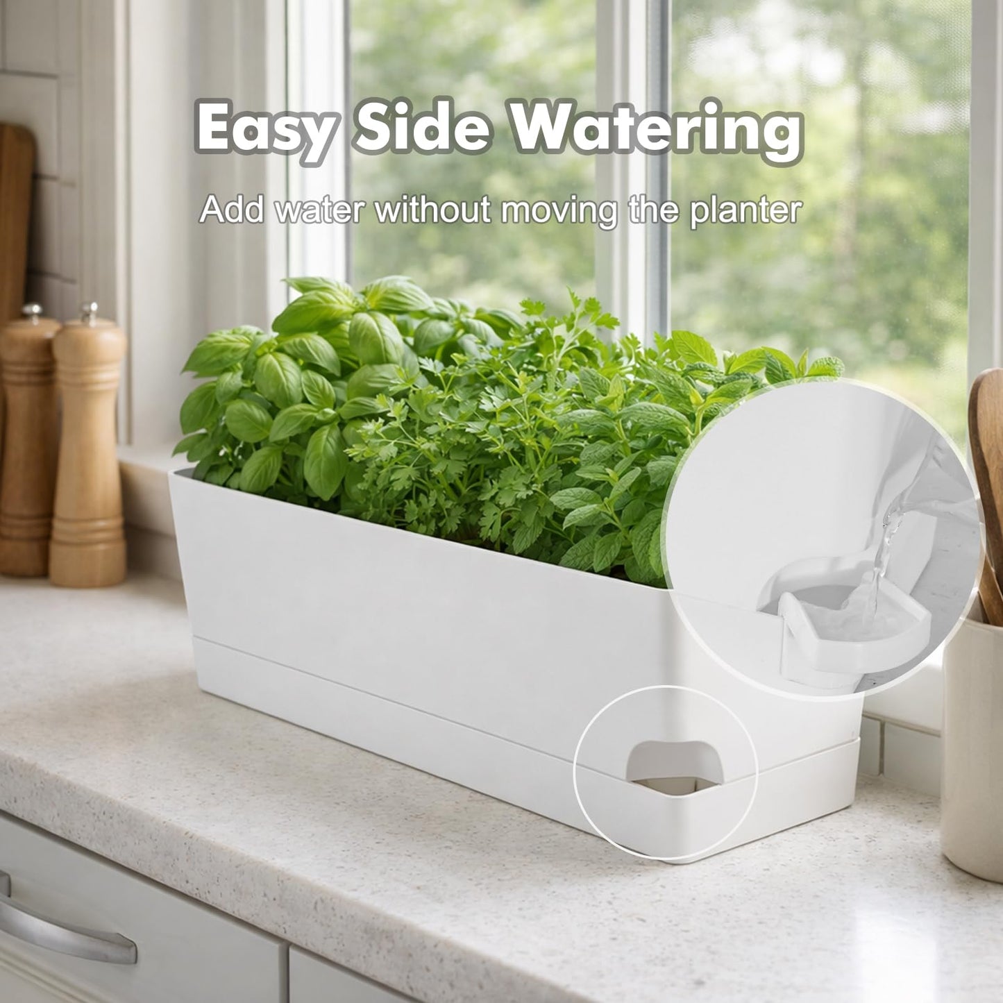 Party Zealot Window Boxes Planters, 5 Pack Self Watering Pots for Indoor Plants 17 Inch Rectangular Planter Rectangle Flower Pots Long Plant Pot Large Window Sill Herb Planter Box, White