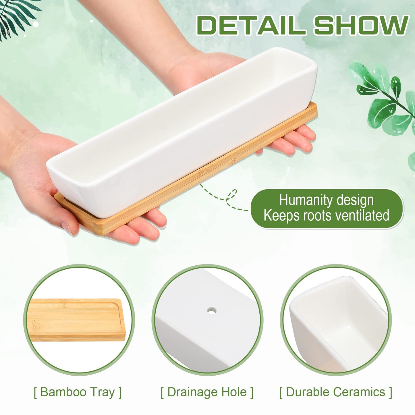 Weewooday 4 Pcs White Succulent Planter Pots 11 Inch Long Rectangle Ceramic Plant Container, Suitable for Indoor Outdoor Home Garden Flower