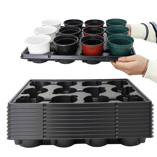 RooTrimmer 12 Cell Round Nursery Pots Trays Thickened Durable Seedling Pots Shuttle Carrying Trays for Holding 4 inch Nursery Pots (16.85" × 12.6", 10-Pack)