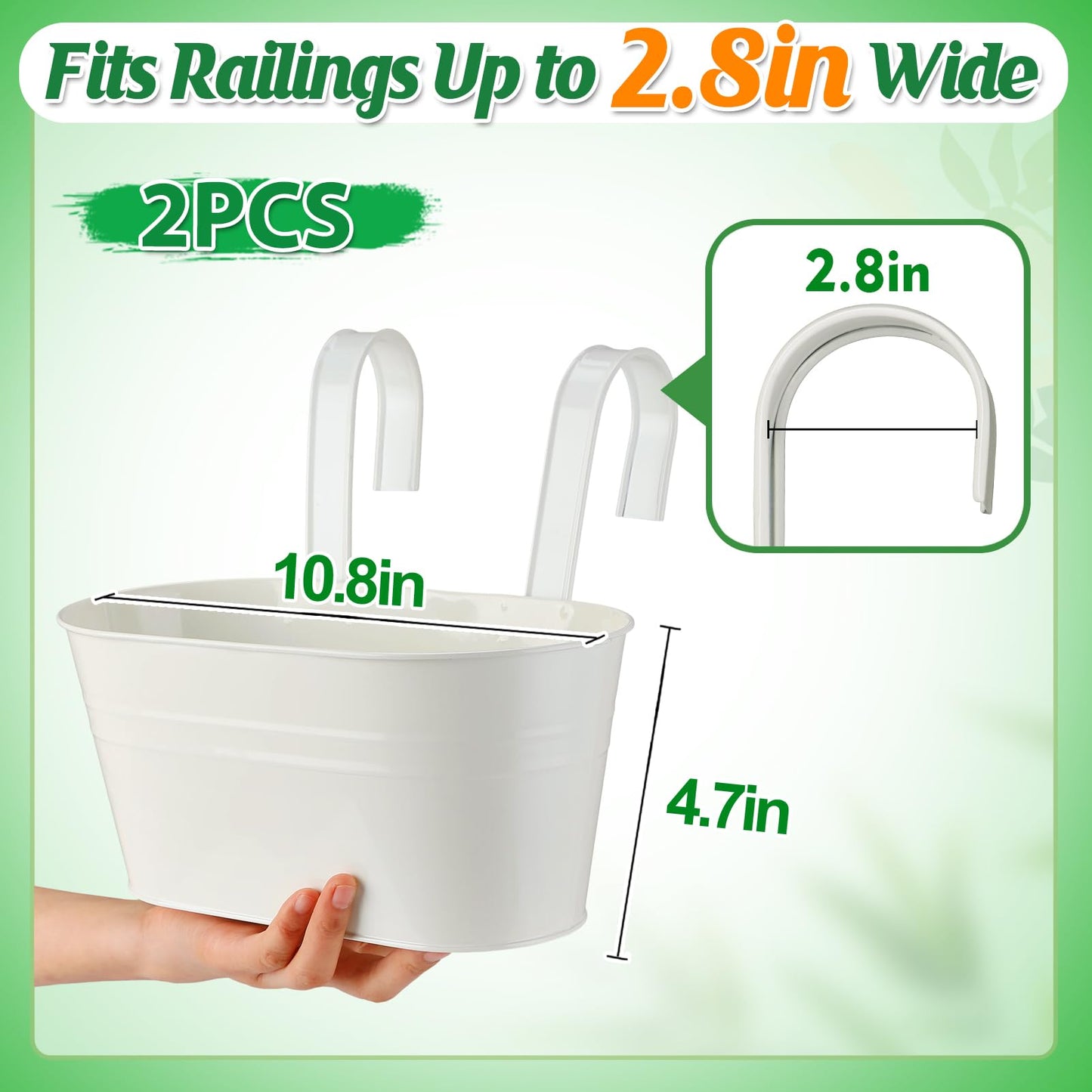 MADHOLLY Railing Planter with Drainage Holes - Sturdy Bucket Pots for Railing Fence, Countryside Style Metal Flower Pots for Herbs Balcony Garden Yard Decor, 2Pcs, White